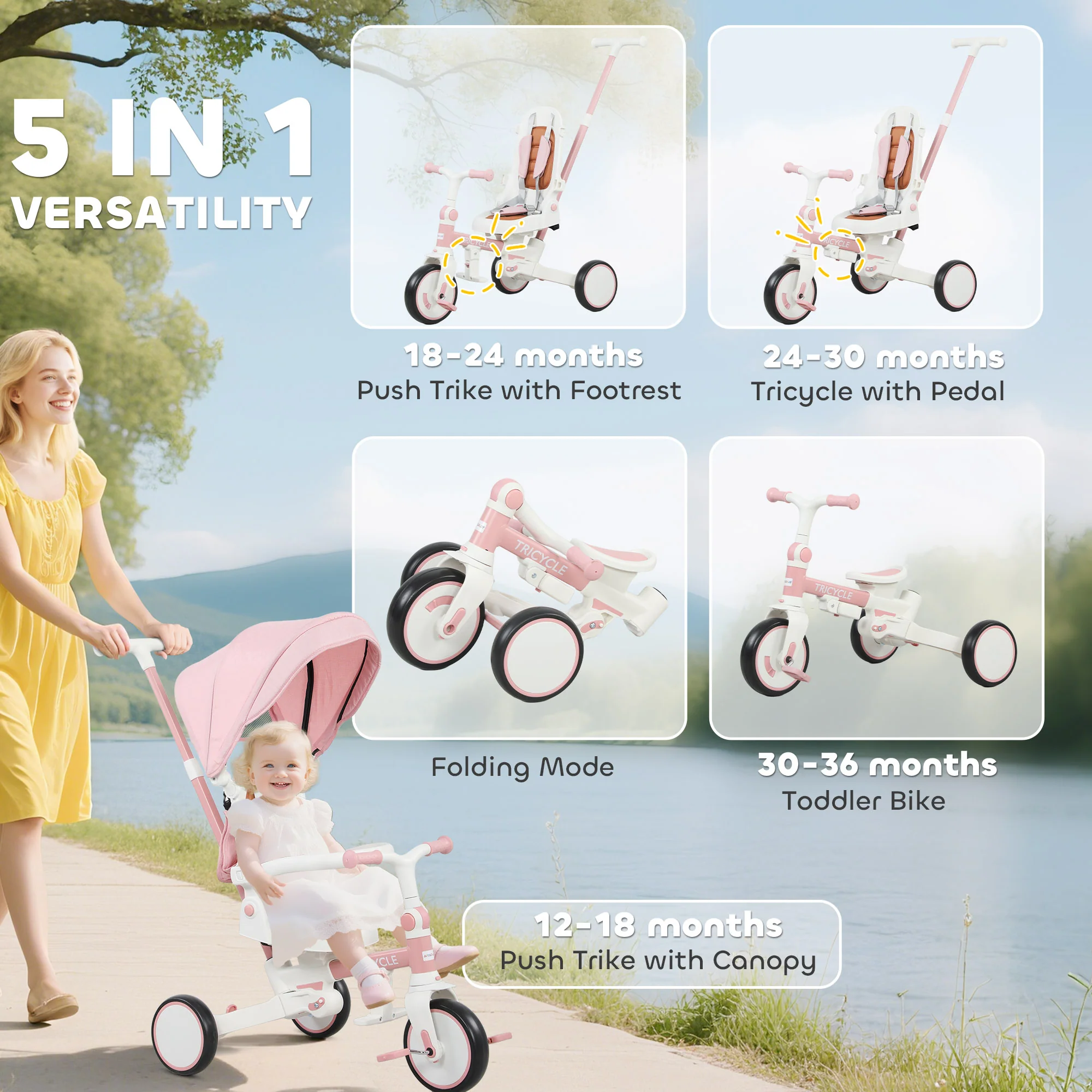 AIYAPLAY 5 In 1 Foldable Kids Trike, Toddler Tricycle For 1-3 Years, - Image 21