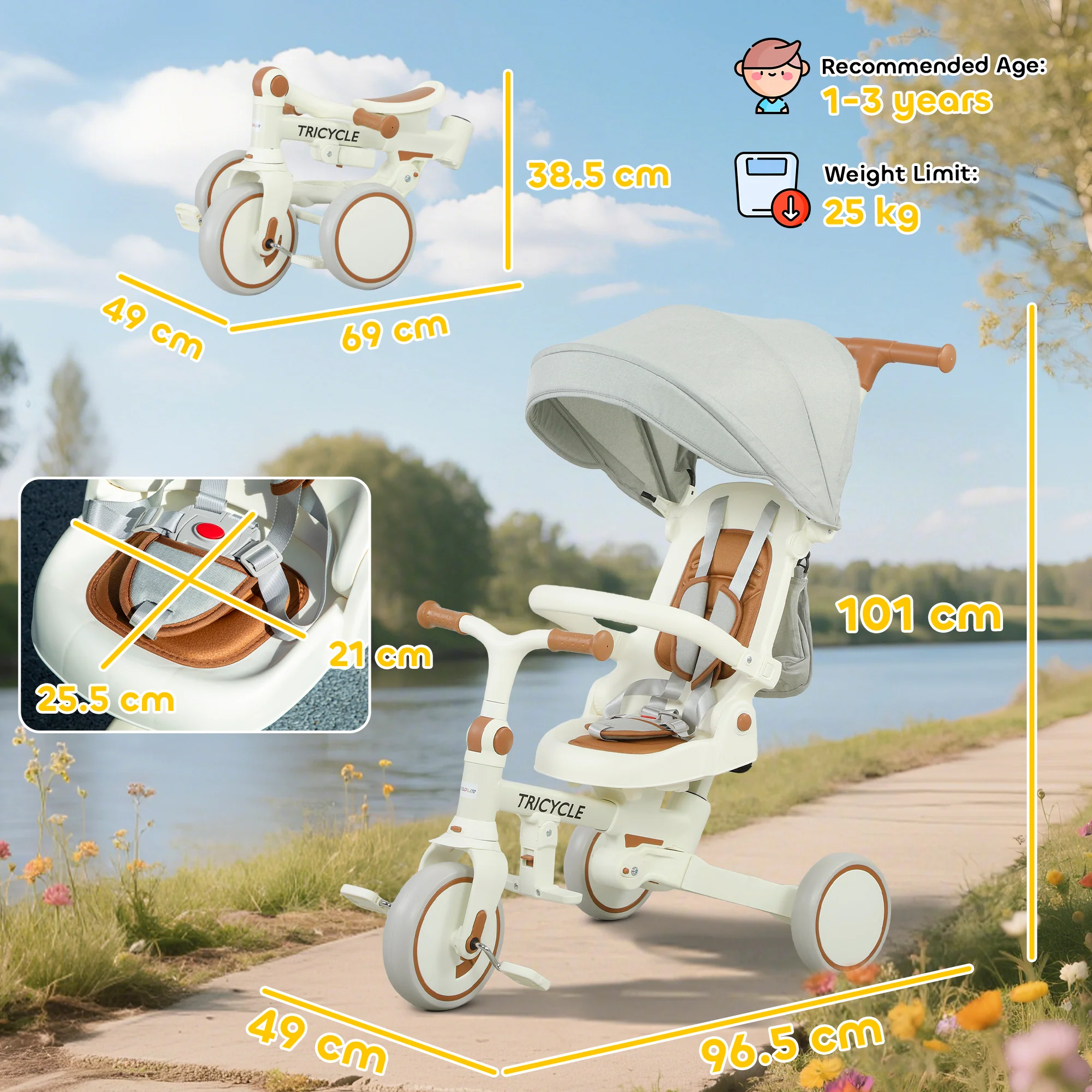 AIYAPLAY 5 In 1 Foldable Kids Trike, Toddler Tricycle For 1-3 Years, - Image 5