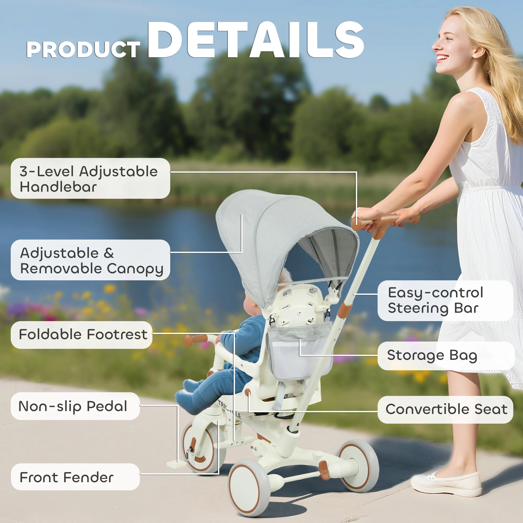 AIYAPLAY 5 In 1 Foldable Kids Trike, Toddler Tricycle For 1-3 Years, - Image 9