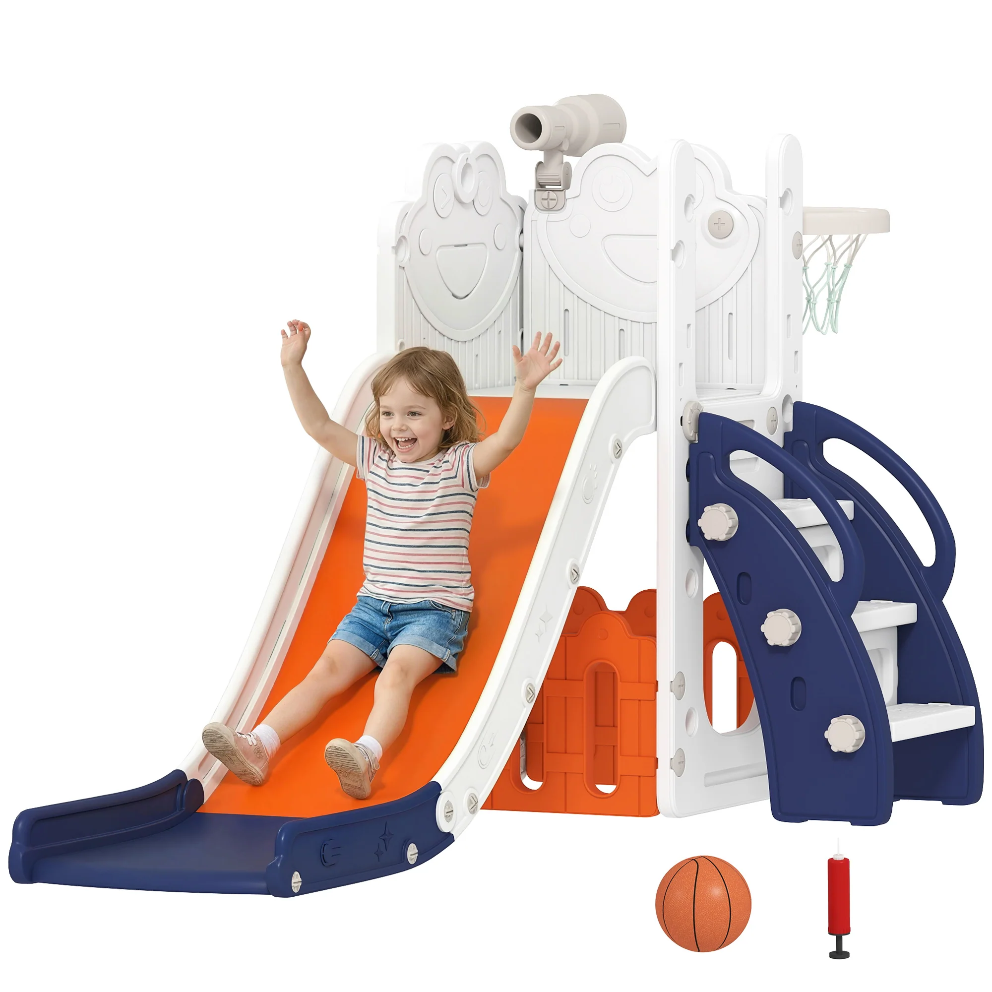 AIYAPLAY 5 In 1 Toddler Slide Set With Basketball Hoop For Age 1-3, Orange