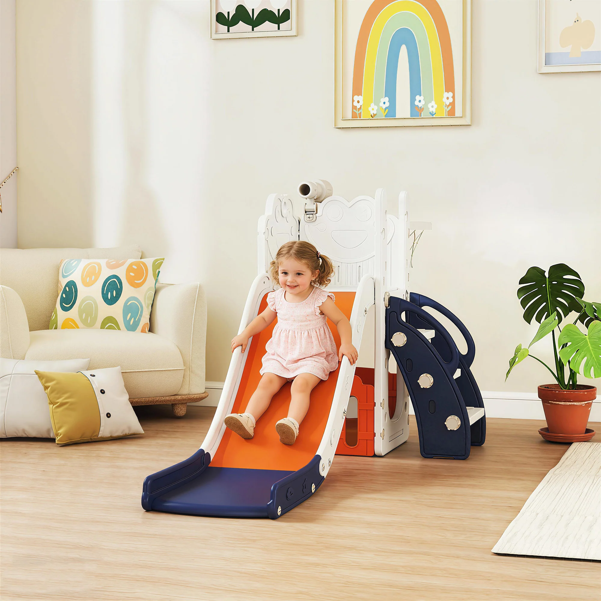 AIYAPLAY 5 In 1 Toddler Slide Set With Basketball Hoop For Age 1-3, Orange - Image 2