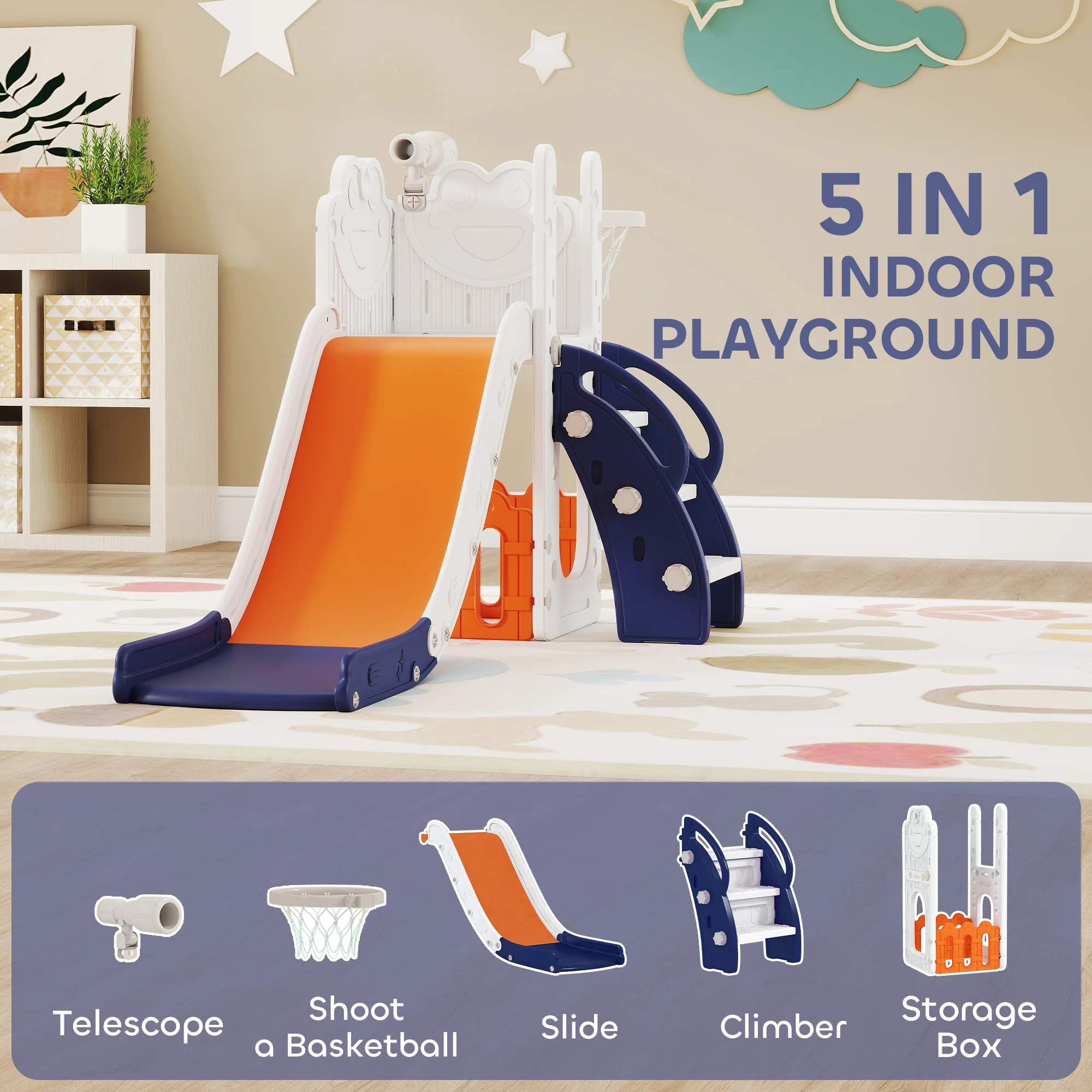 AIYAPLAY 5 In 1 Toddler Slide Set With Basketball Hoop For Age 1-3, Orange - Image 3