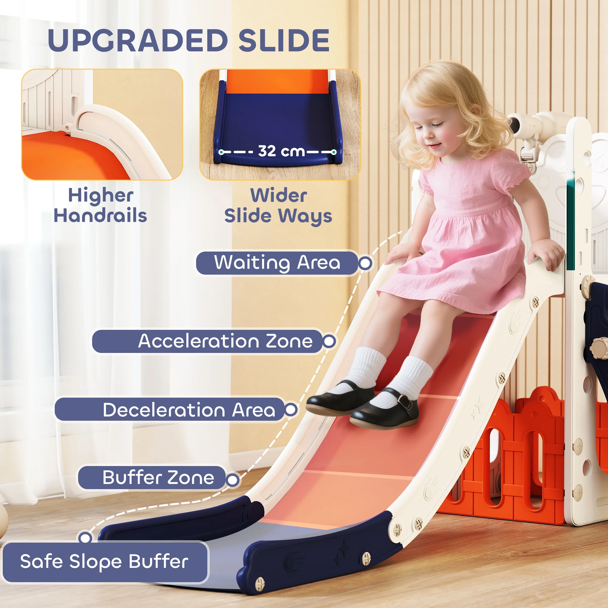 AIYAPLAY 5 In 1 Toddler Slide Set With Basketball Hoop For Age 1-3, Orange - Image 4