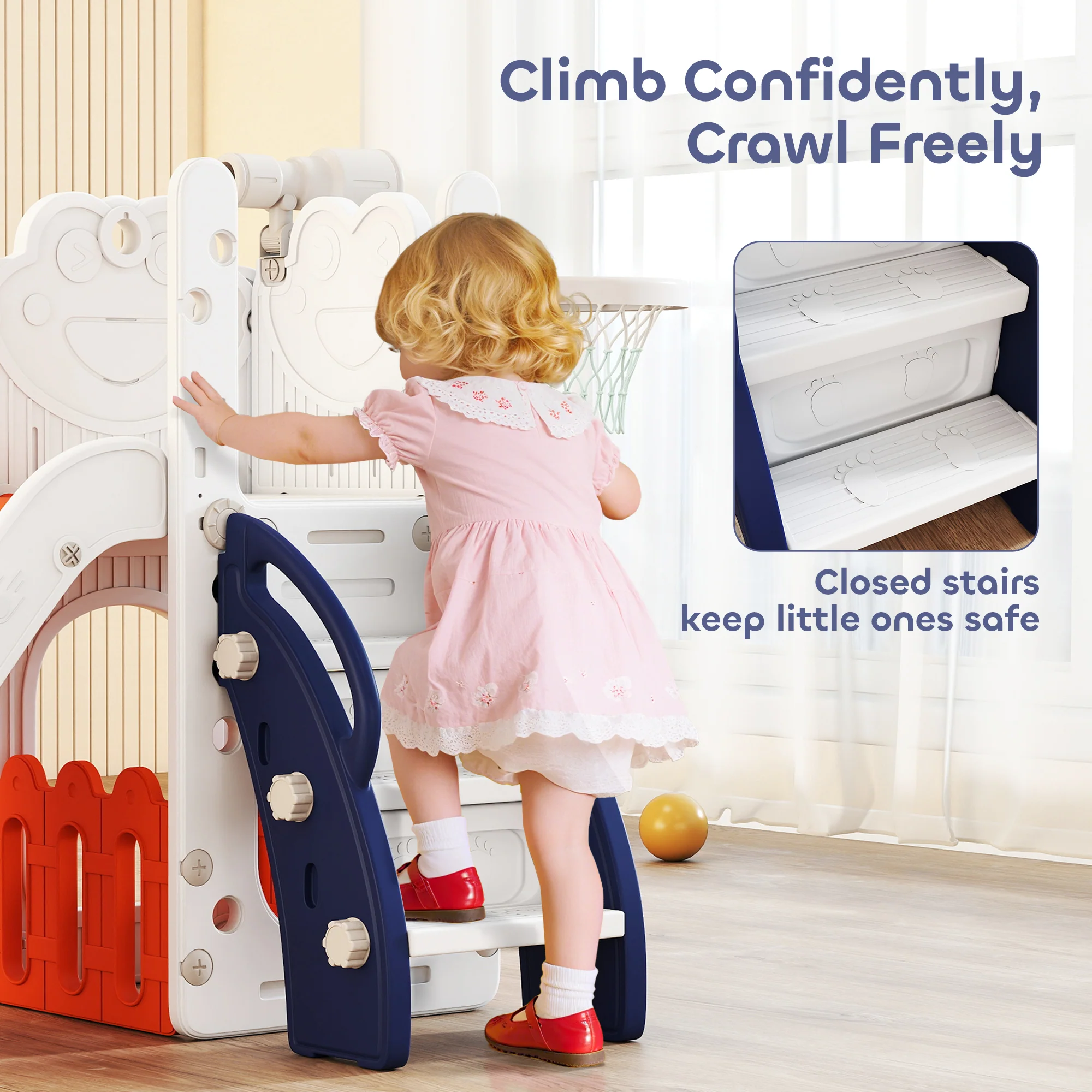 AIYAPLAY 5 In 1 Toddler Slide Set With Basketball Hoop For Age 1-3, Orange - Image 7