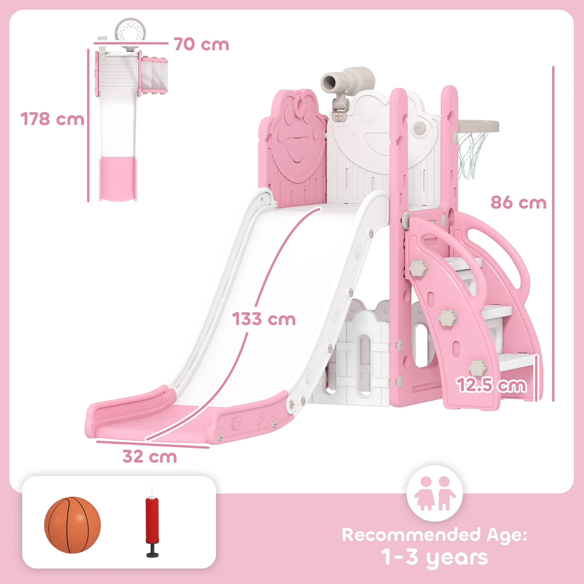 AIYAPLAY 5 In 1 Toddler Slide Set With Basketball Hoop For Age 1-3, Pink - Image 5