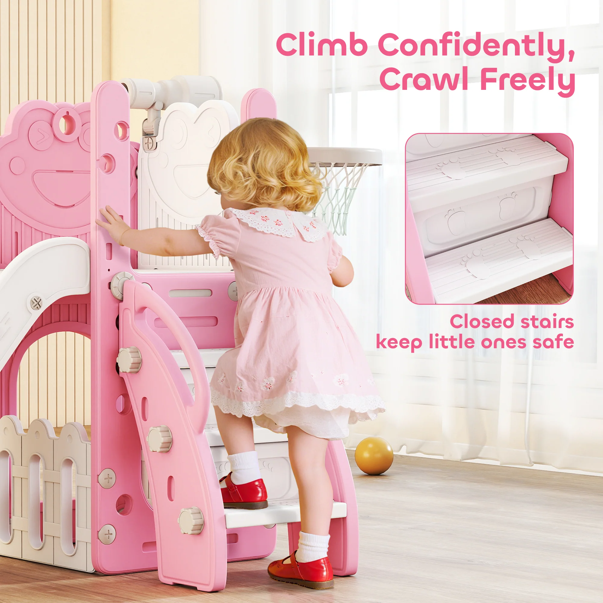 AIYAPLAY 5 In 1 Toddler Slide Set With Basketball Hoop For Age 1-3, Pink - Image 7