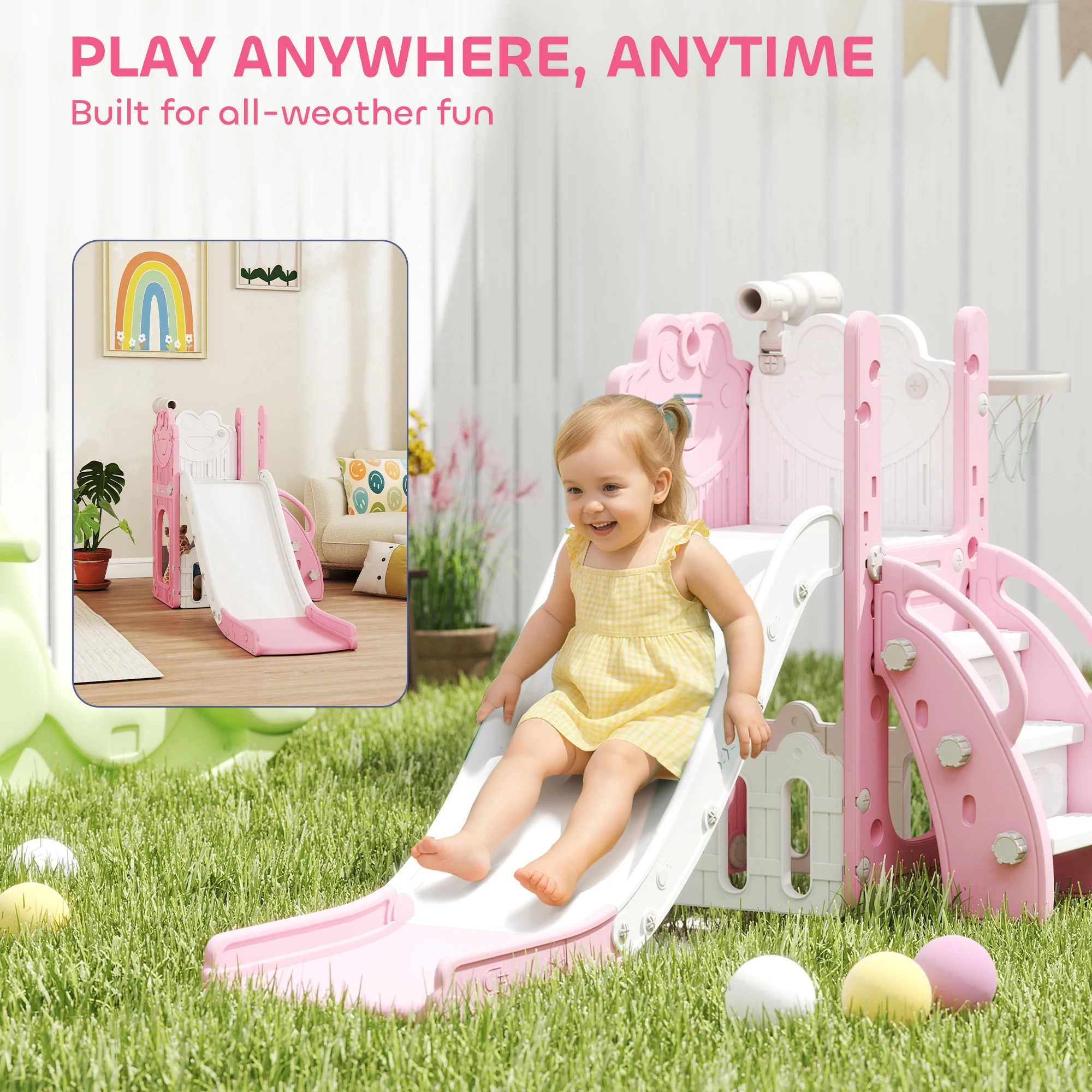 AIYAPLAY 5 In 1 Toddler Slide Set With Basketball Hoop For Age 1-3, Pink - Image 8