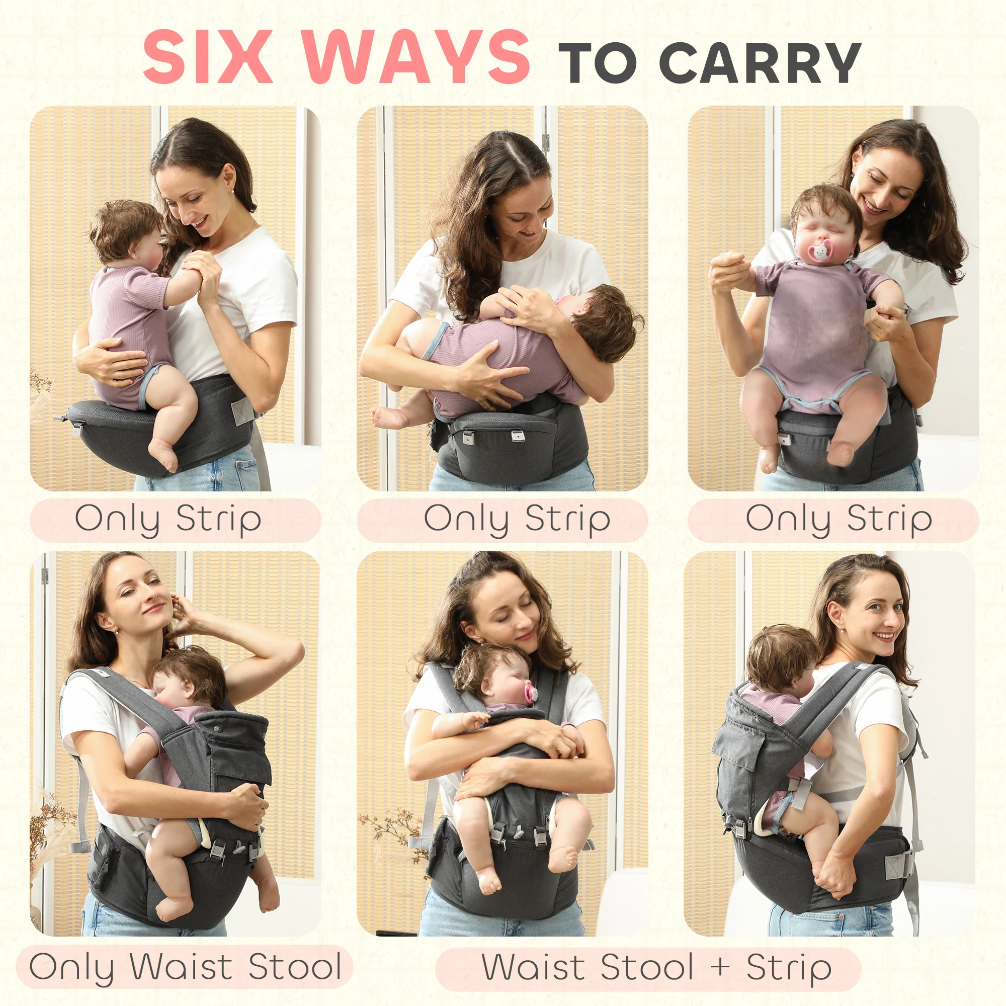 AIYAPLAY 6 In 1 Baby Carrier Newborn To Toddler With Removable Seat, Grey - Image 3