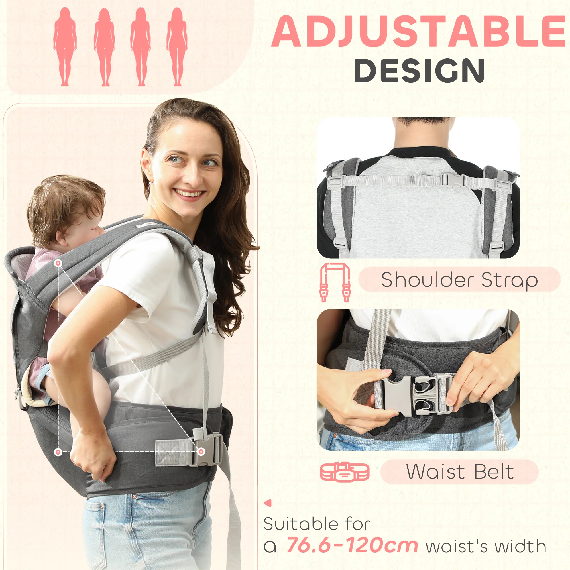 AIYAPLAY 6 In 1 Baby Carrier Newborn To Toddler With Removable Seat, Grey - Image 4