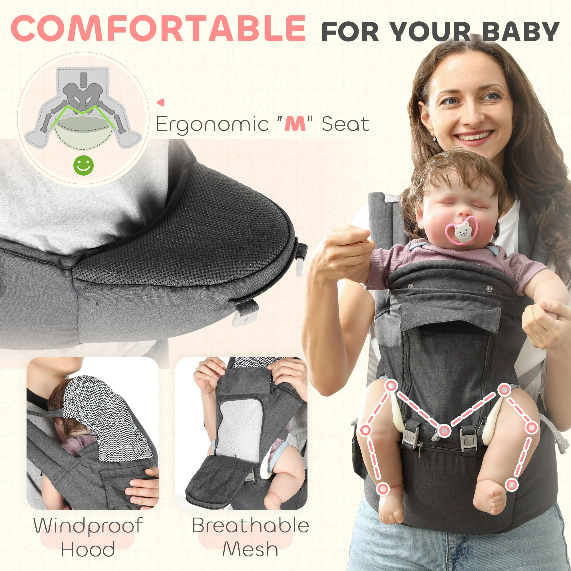 AIYAPLAY 6 In 1 Baby Carrier Newborn To Toddler With Removable Seat, Grey - Image 6