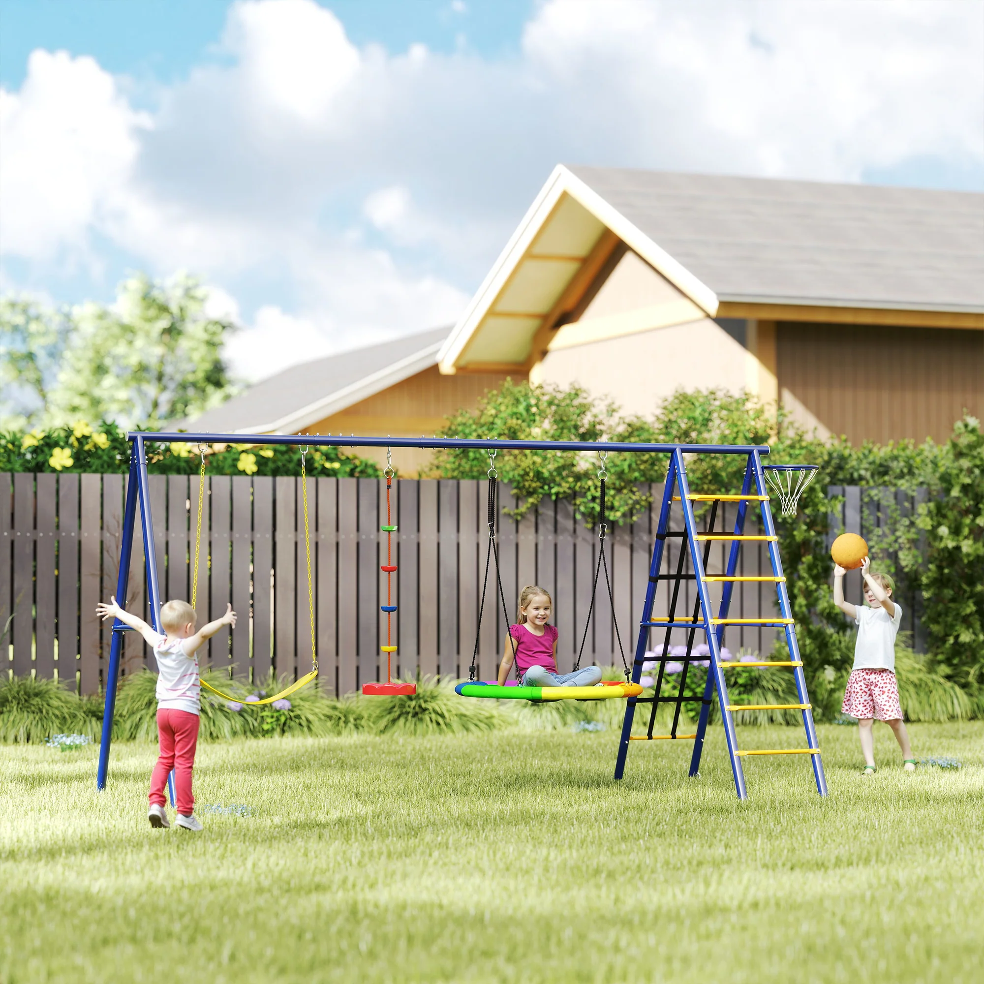 AIYAPLAY 6 in 1 Kids Swing Set with 3 Swings, Climbing Net and Ladder - Image 2