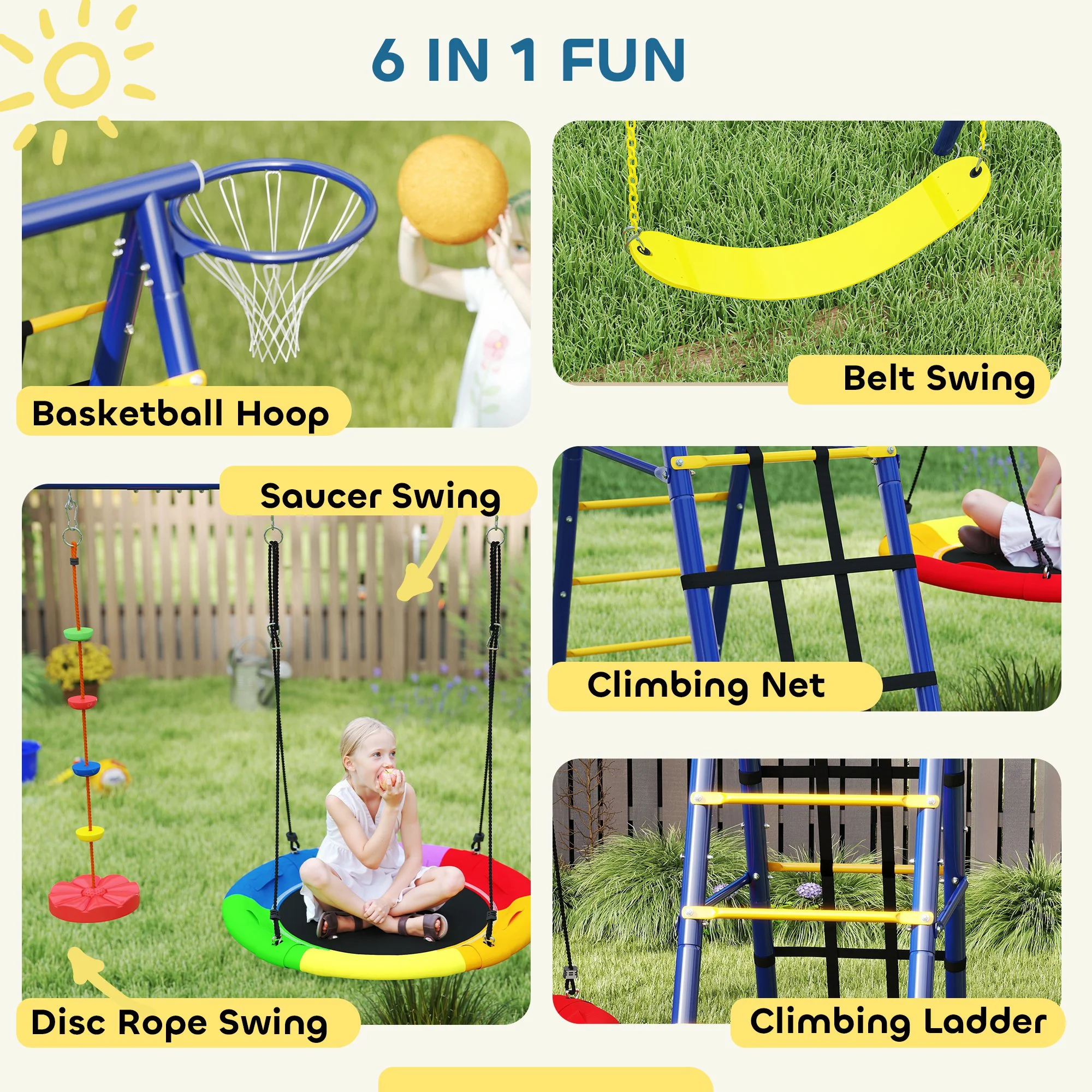 AIYAPLAY 6 in 1 Kids Swing Set with 3 Swings, Climbing Net and Ladder - Image 3