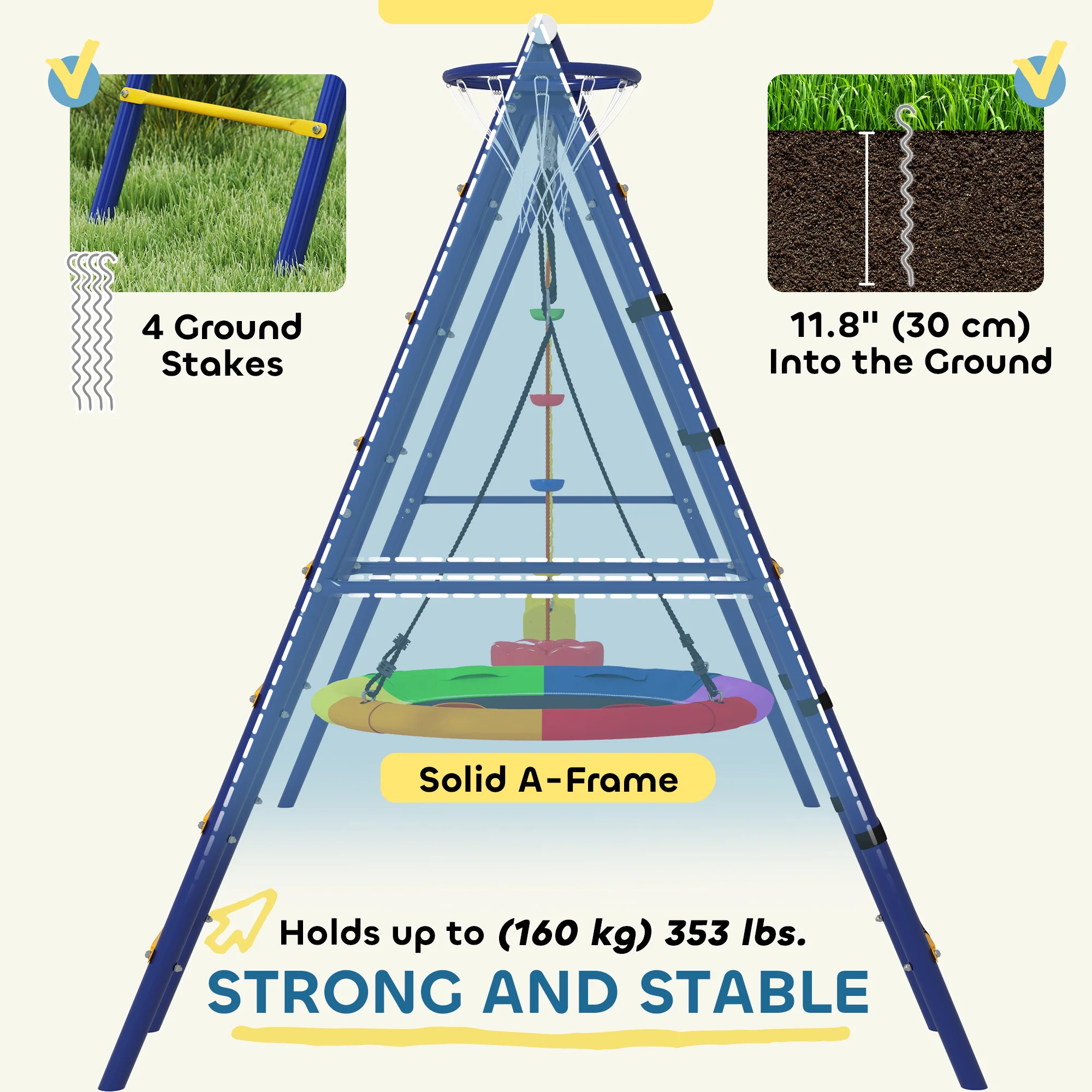 AIYAPLAY 6 in 1 Kids Swing Set with 3 Swings, Climbing Net and Ladder - Image 6