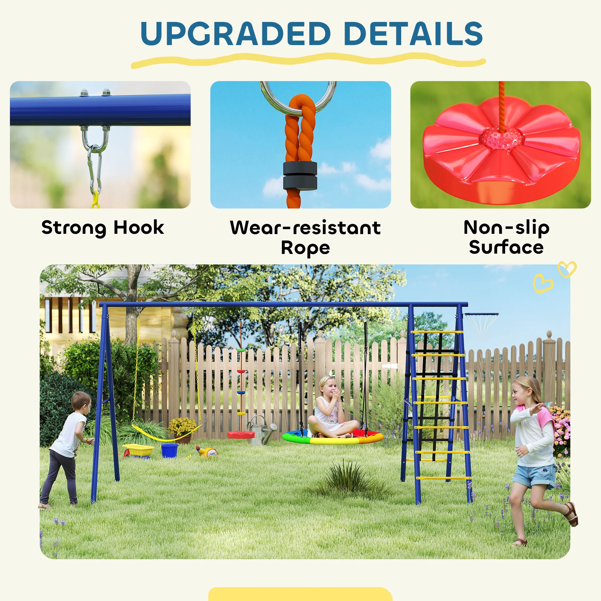 AIYAPLAY 6 in 1 Kids Swing Set with 3 Swings, Climbing Net and Ladder - Image 8