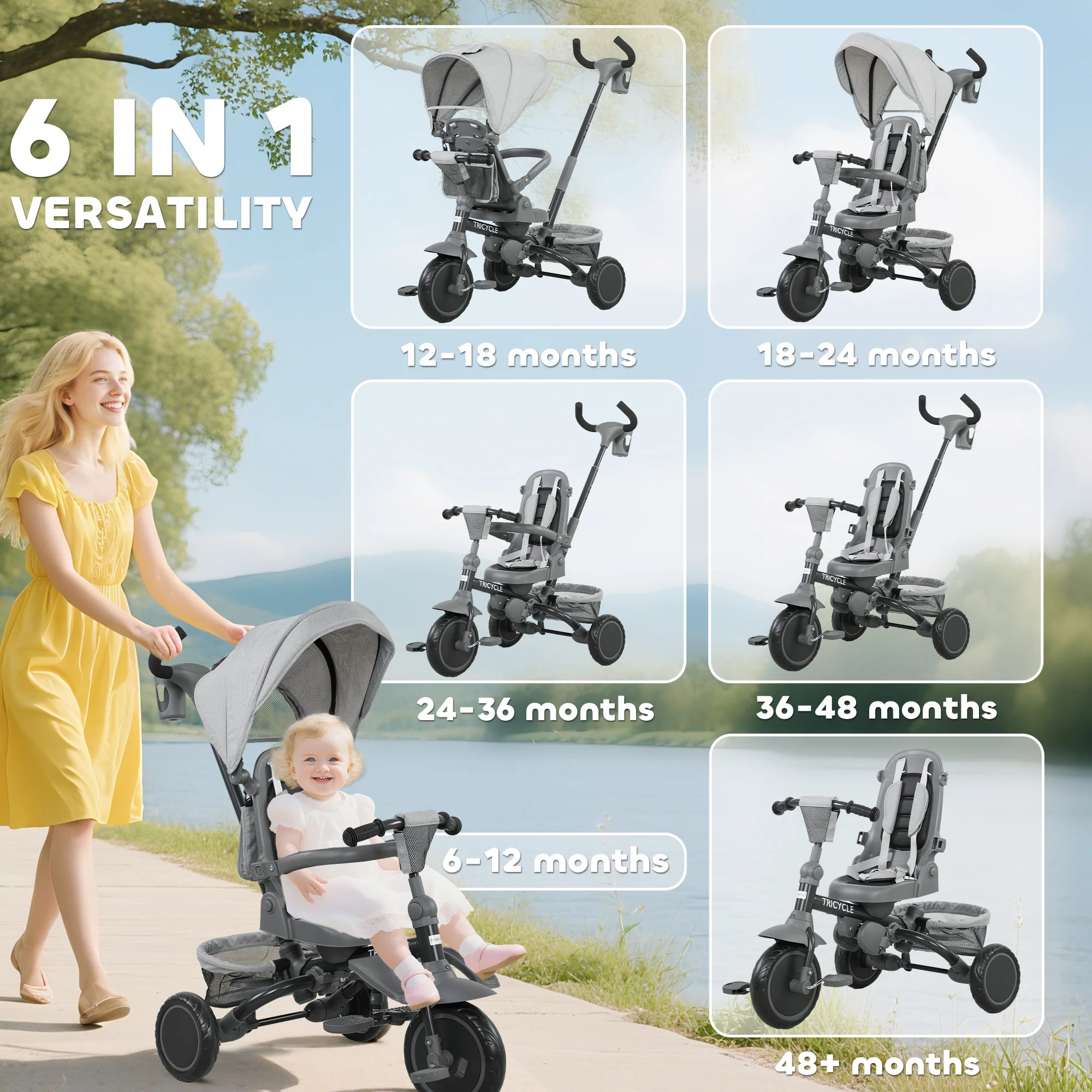 AIYAPLAY 6 In 1 Kids Trike, Toddler Tricycle With Parent Handle, - Image 12