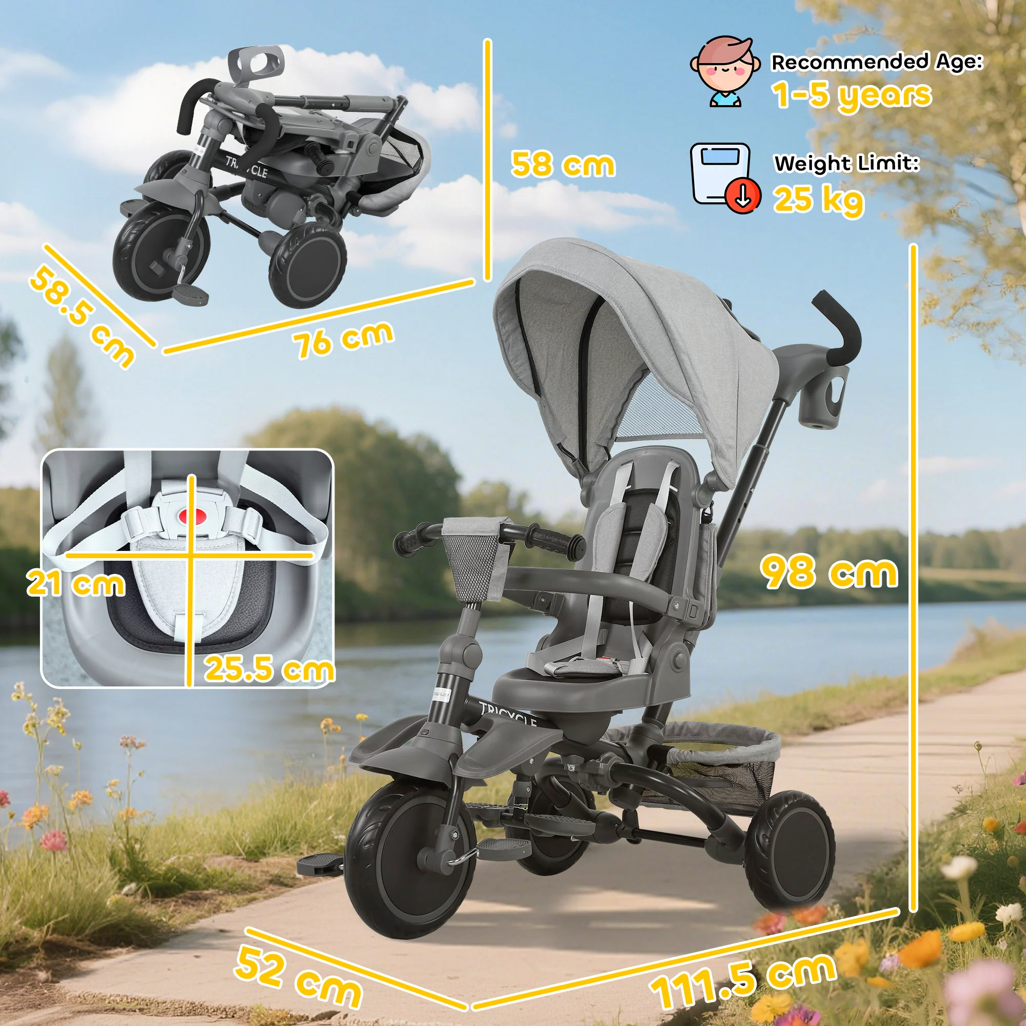AIYAPLAY 6 In 1 Kids Trike, Toddler Tricycle With Parent Handle, - Image 14