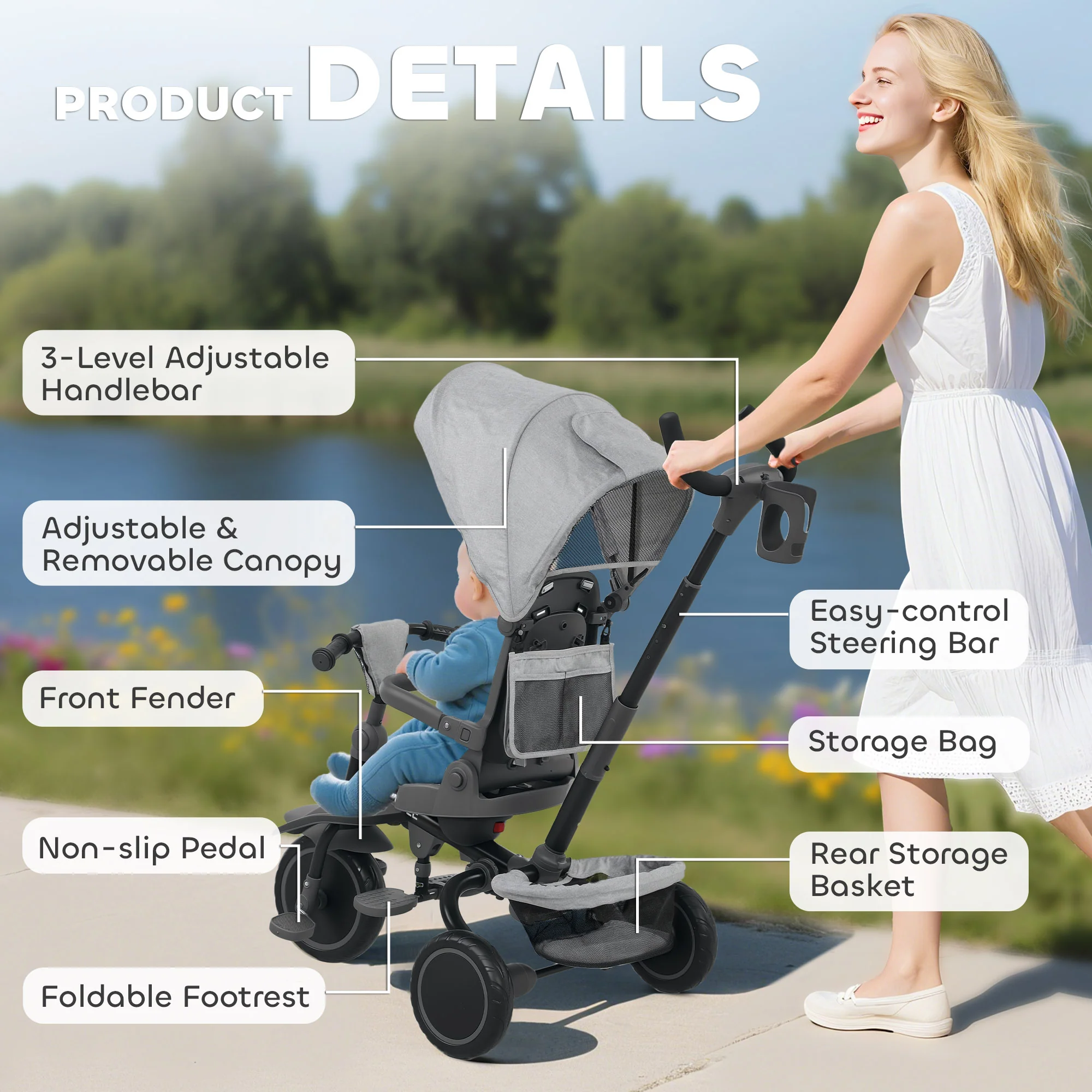 AIYAPLAY 6 In 1 Kids Trike, Toddler Tricycle With Parent Handle, - Image 18