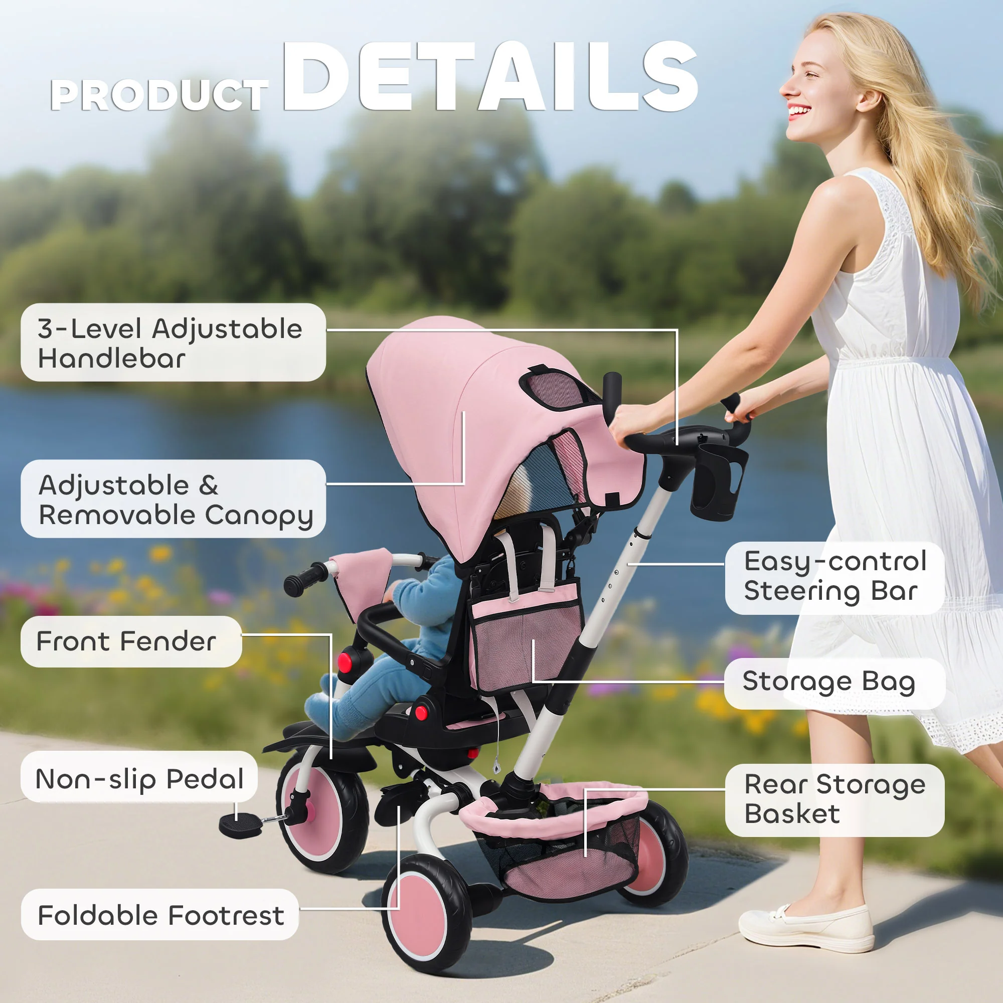 AIYAPLAY 6 In 1 Kids Trike, Toddler Tricycle With Parent Handle, - Image 27
