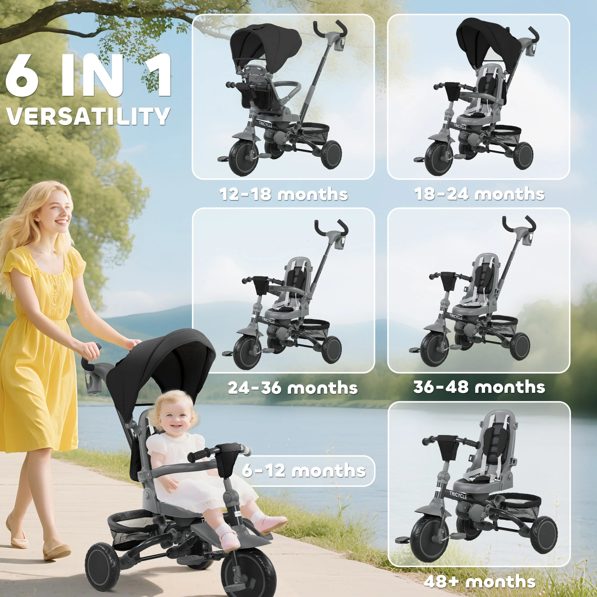 AIYAPLAY 6 In 1 Kids Trike, Toddler Tricycle With Parent Handle, - Image 3