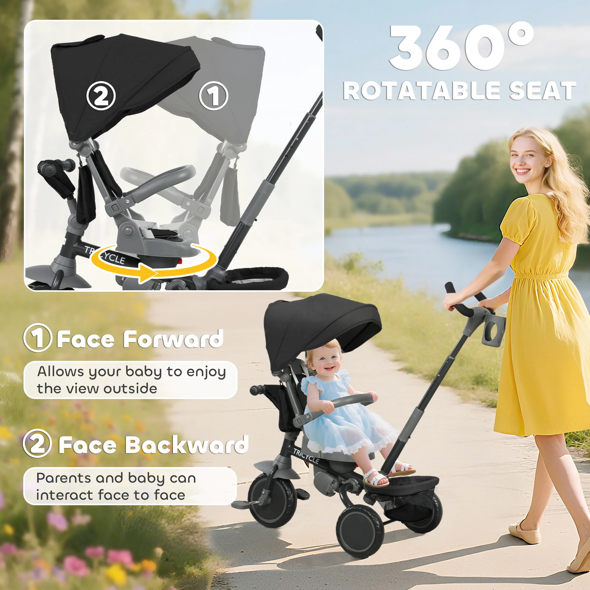 AIYAPLAY 6 In 1 Kids Trike, Toddler Tricycle With Parent Handle, - Image 4