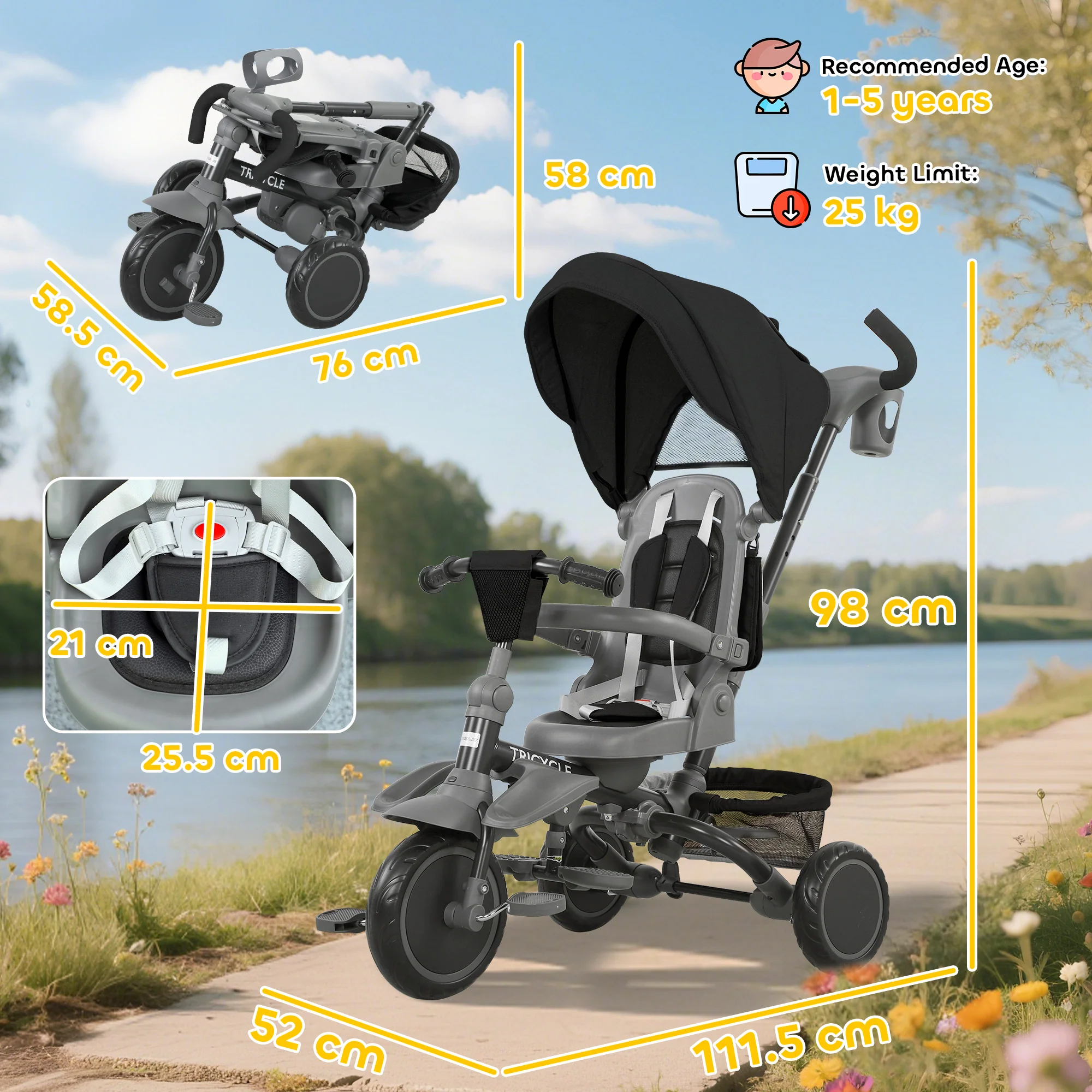 AIYAPLAY 6 In 1 Kids Trike, Toddler Tricycle With Parent Handle, - Image 5