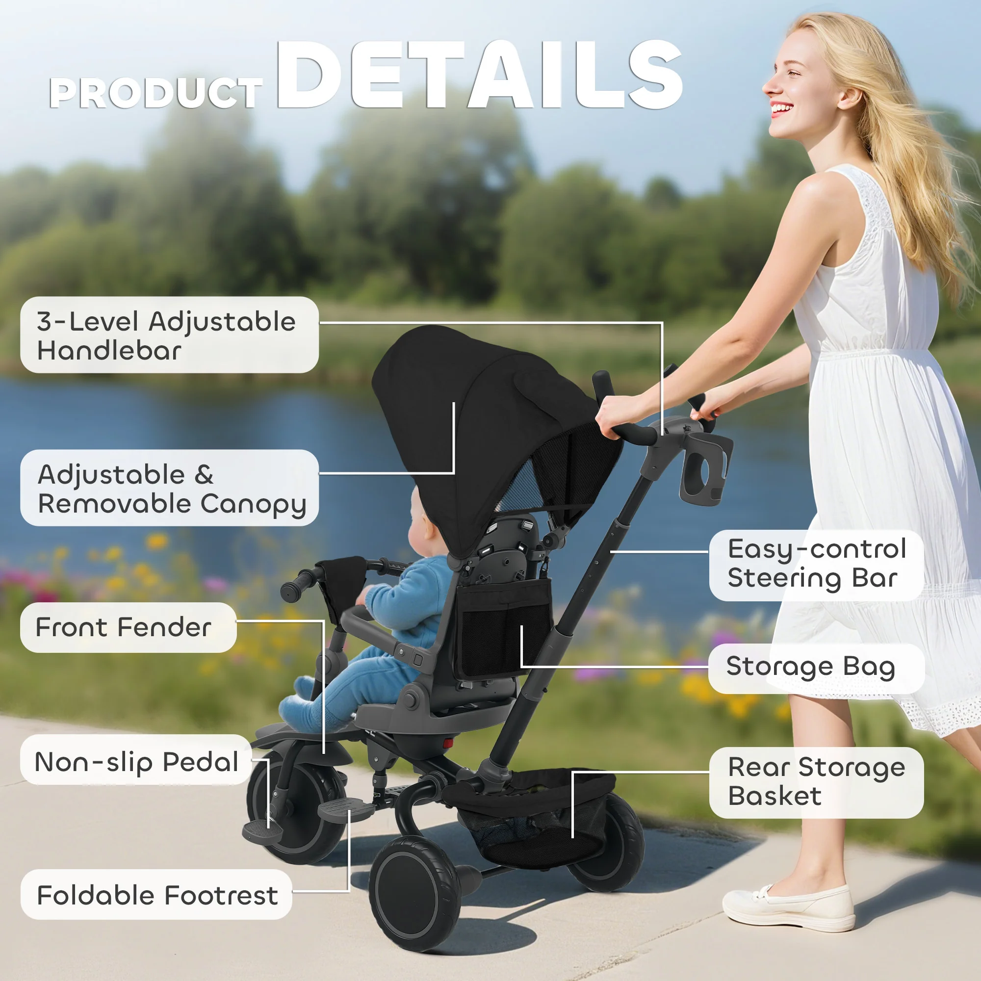 AIYAPLAY 6 In 1 Kids Trike, Toddler Tricycle With Parent Handle, - Image 9