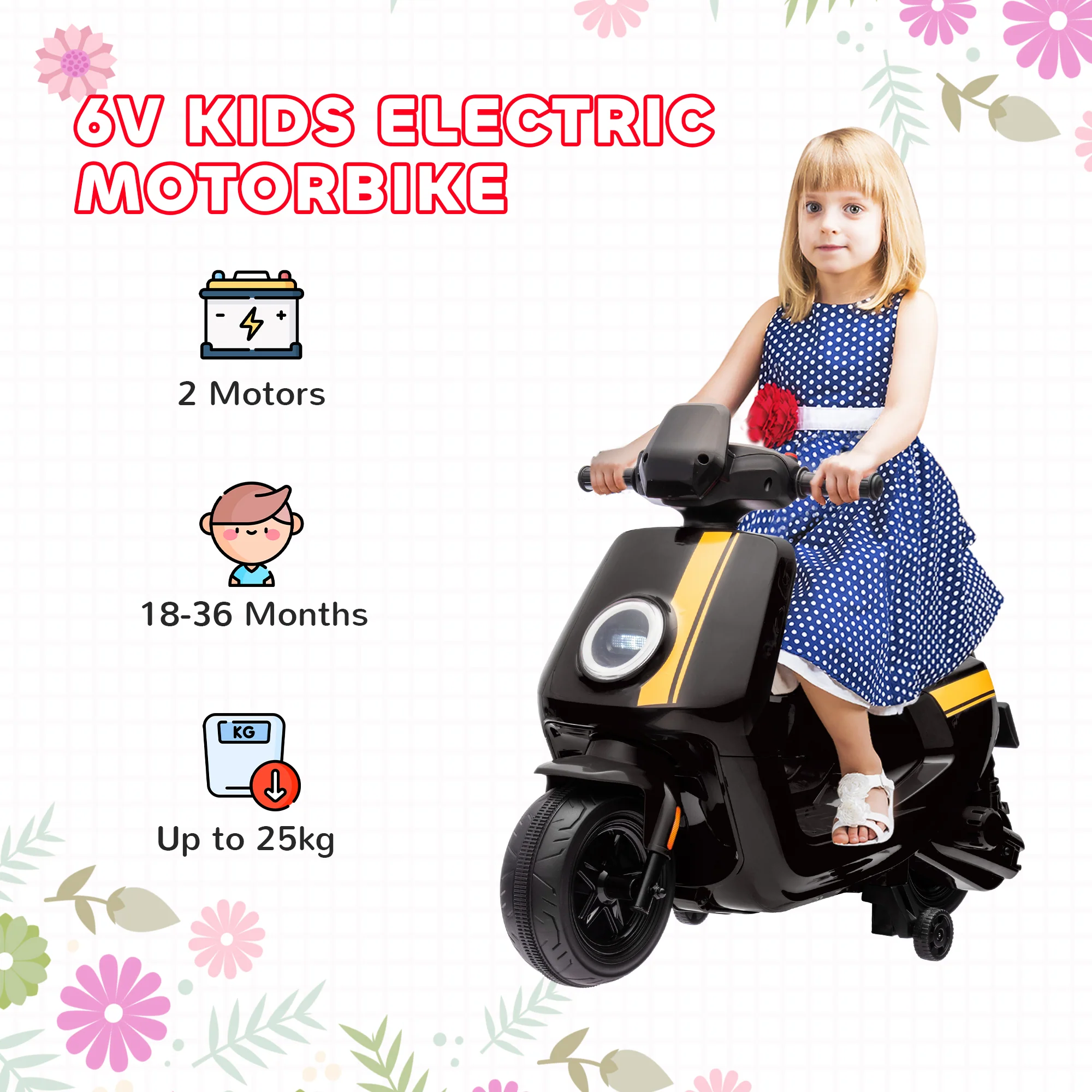 AIYAPLAY 6V Kids Electric Motorbike With Headlight And Music - Black/Green/Pink - Image 16