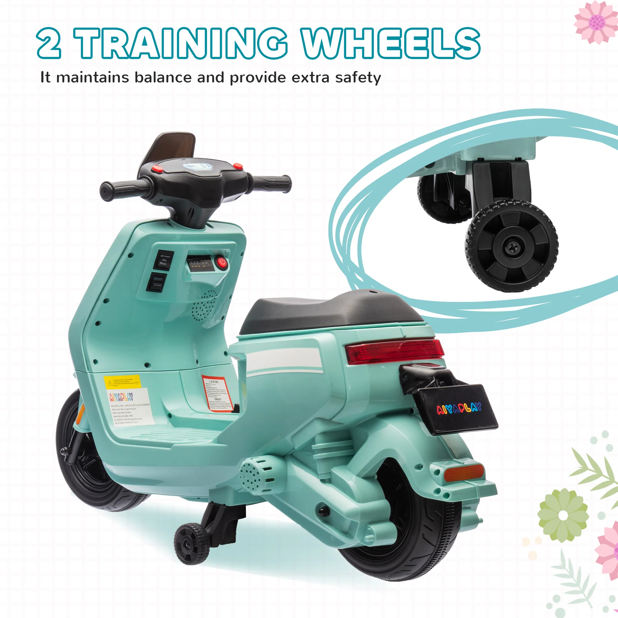 AIYAPLAY 6V Kids Electric Motorbike With Headlight And Music - Black/Green/Pink - Image 22