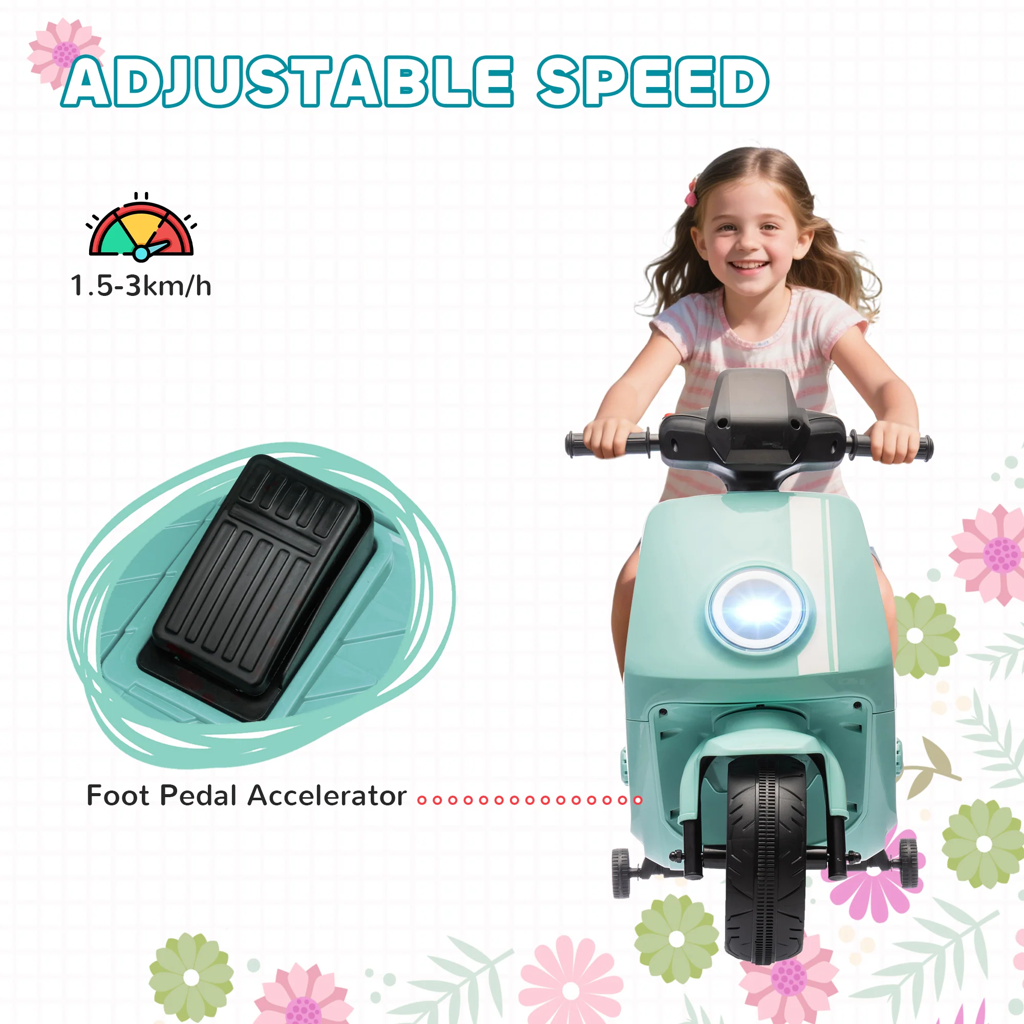 AIYAPLAY 6V Kids Electric Motorbike With Headlight And Music - Black/Green/Pink - Image 23