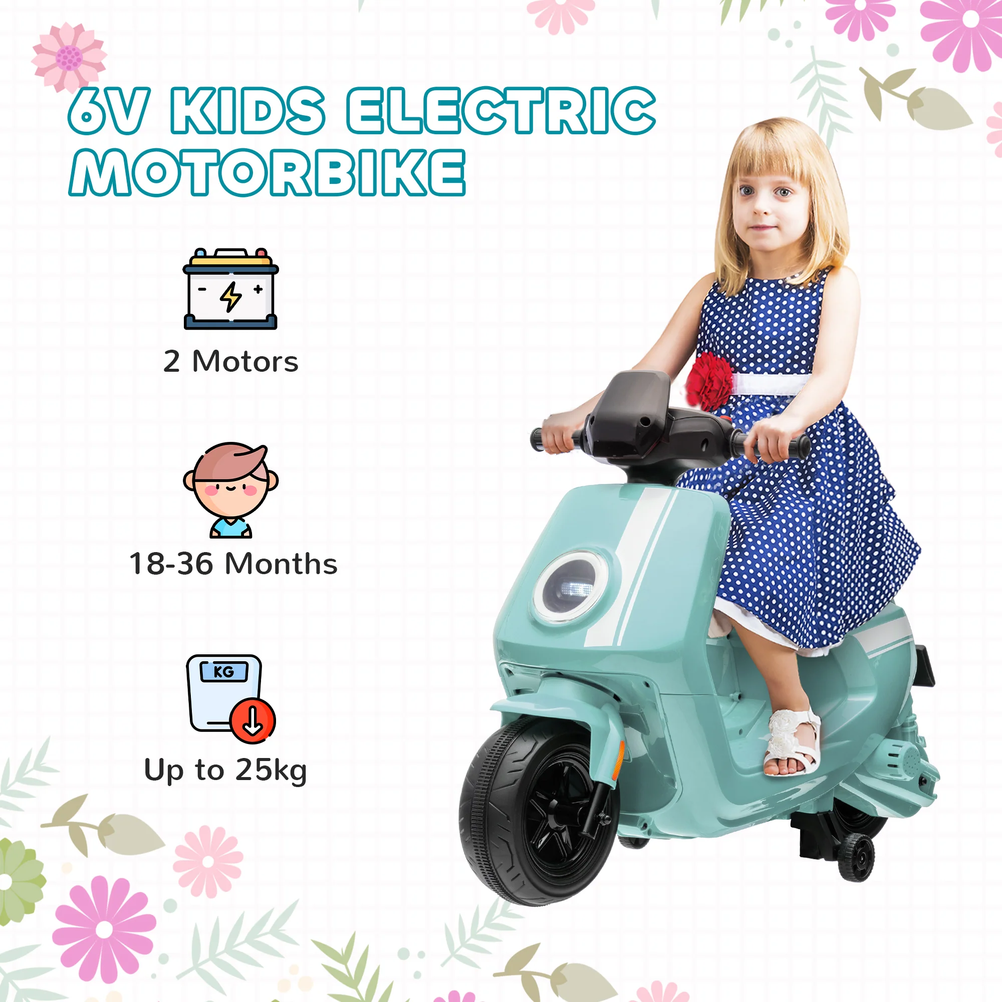 AIYAPLAY 6V Kids Electric Motorbike With Headlight And Music - Black/Green/Pink - Image 25