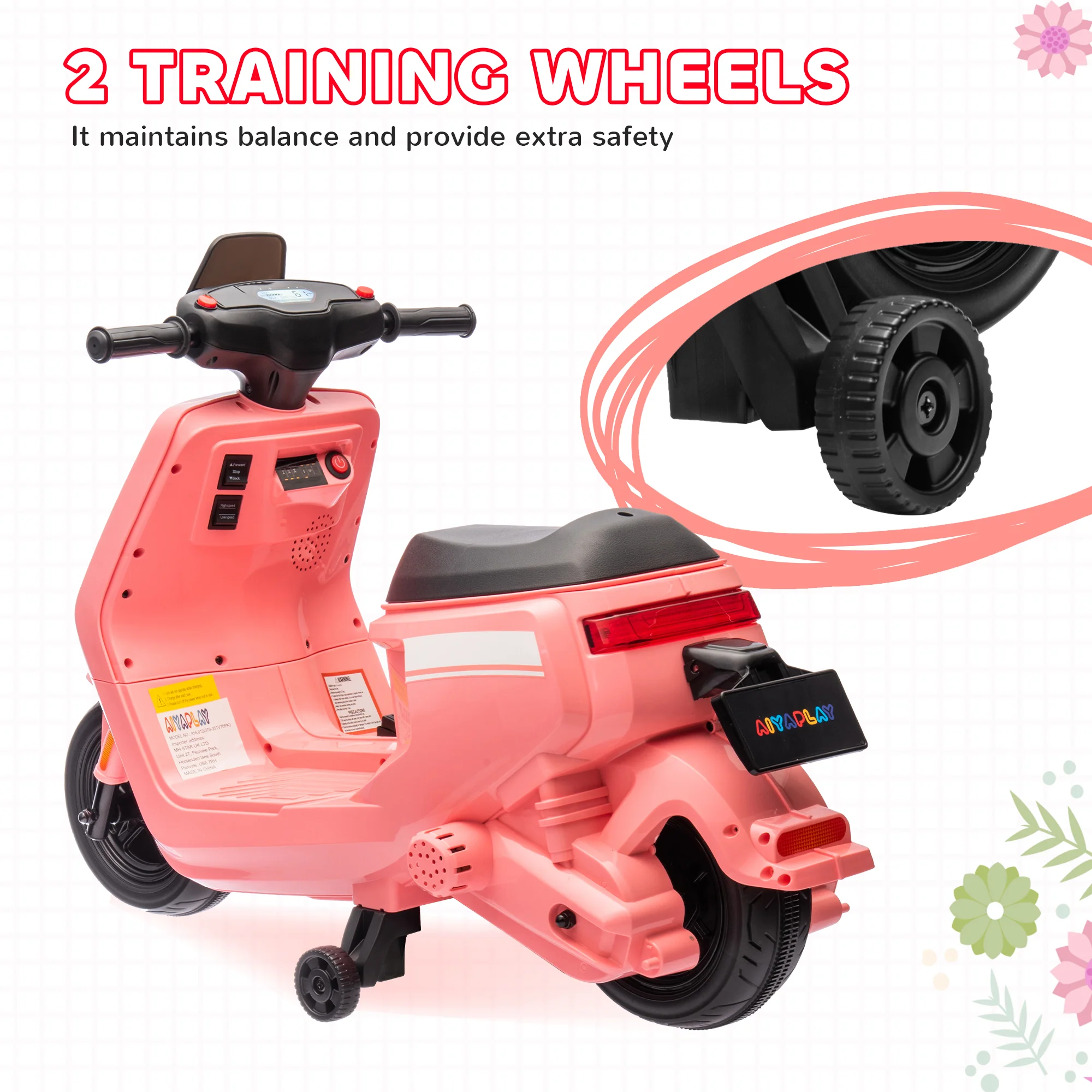 AIYAPLAY 6V Kids Electric Motorbike With Headlight And Music - Black/Green/Pink - Image 6