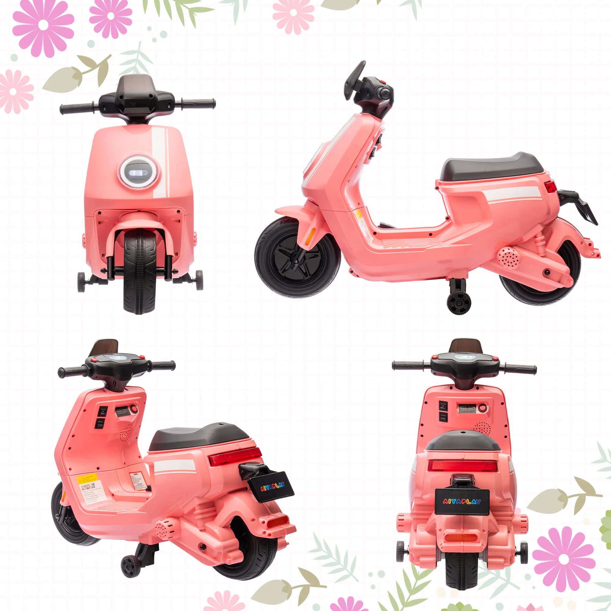 AIYAPLAY 6V Kids Electric Motorbike With Headlight And Music - Black/Green/Pink - Image 9