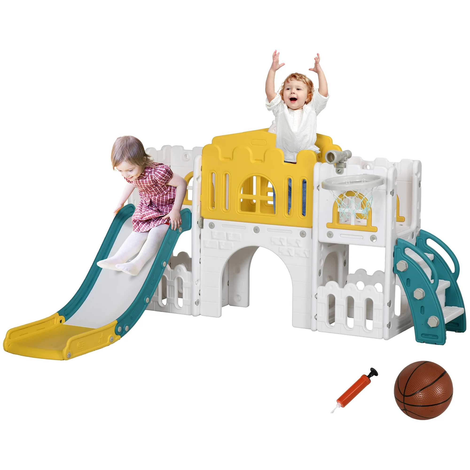 AIYAPLAY 7 In 1 Toddler Slide With Basketball Hoop, For 1-3 Years, Yellow