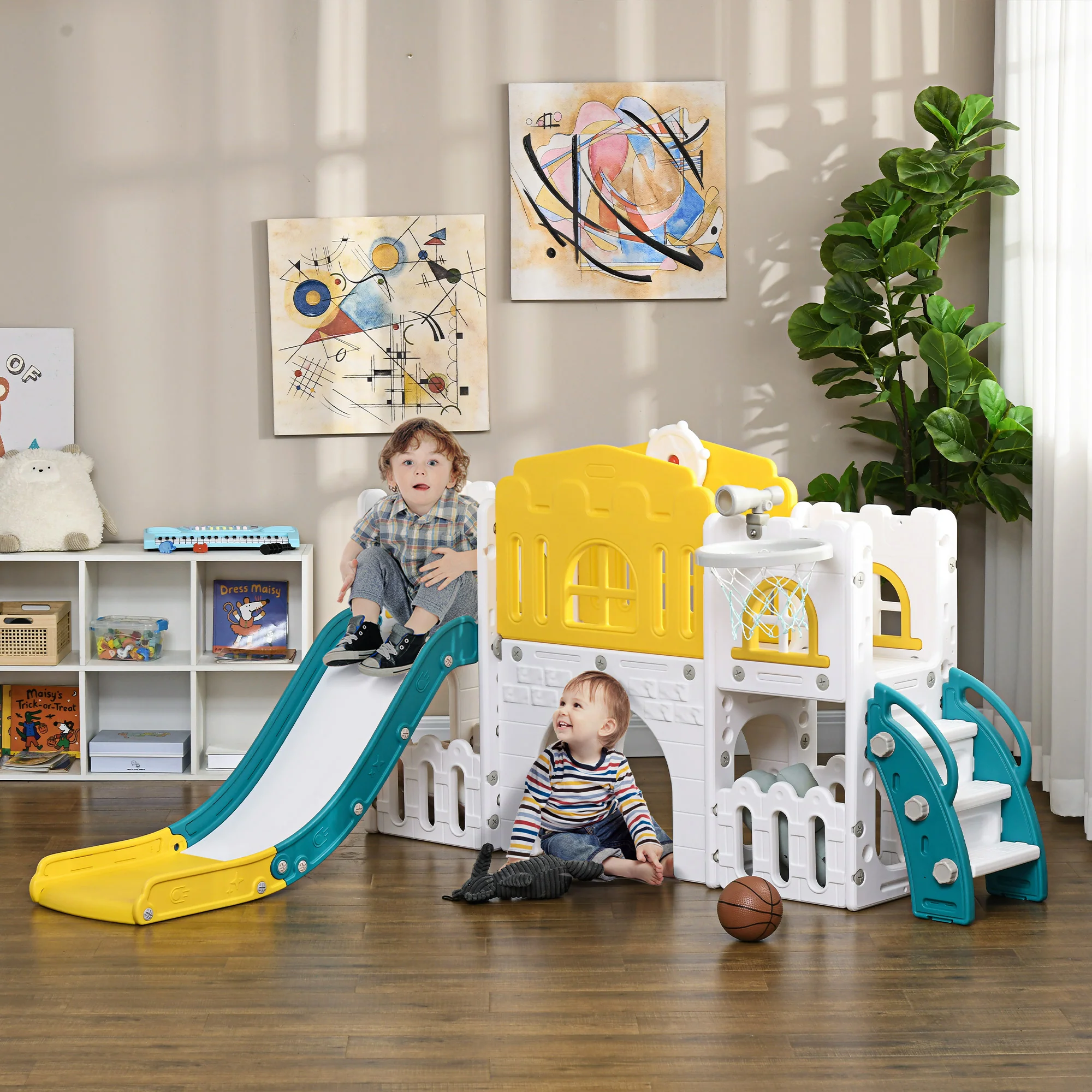 AIYAPLAY 7 In 1 Toddler Slide With Basketball Hoop, For 1-3 Years, Yellow - Image 3