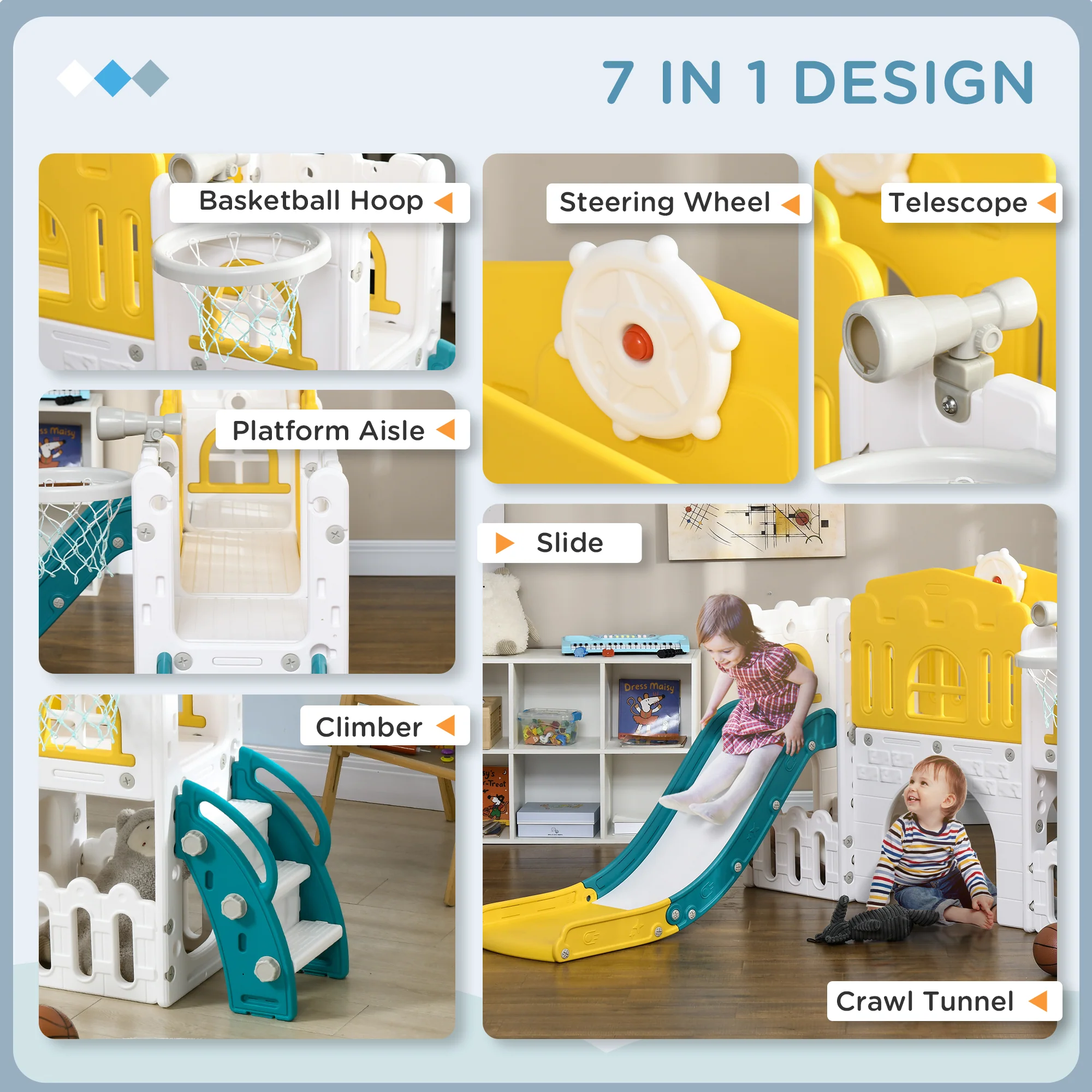 AIYAPLAY 7 In 1 Toddler Slide With Basketball Hoop, For 1-3 Years, Yellow - Image 4