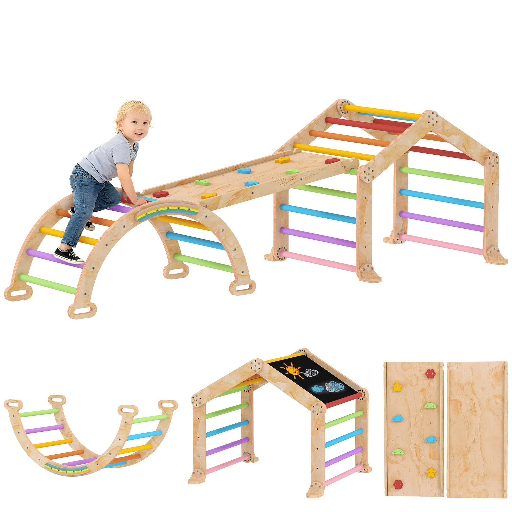 AIYAPLAY 9 in 1 Climbing Frame with Ramp, Slide, Arch, Ladder, Blackboard