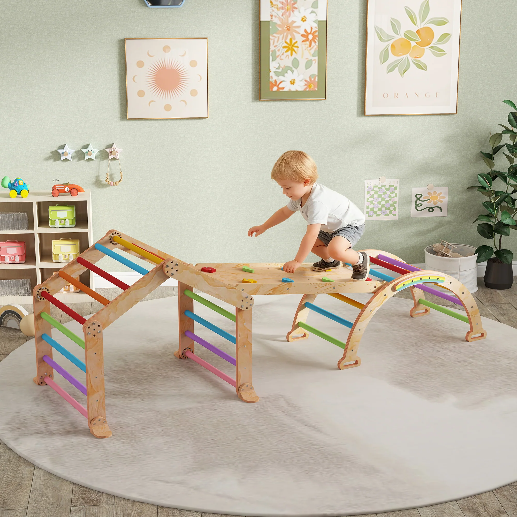 AIYAPLAY 9 in 1 Climbing Frame with Ramp, Slide, Arch, Ladder, Blackboard - Image 2
