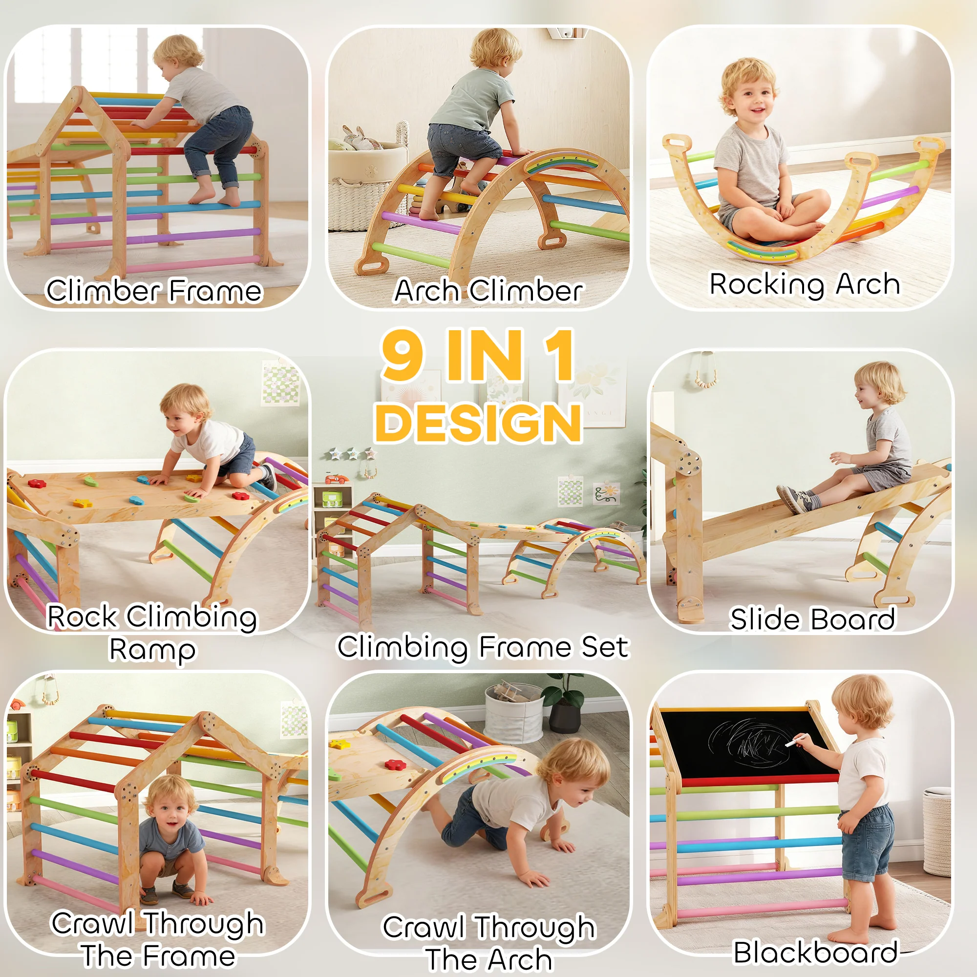AIYAPLAY 9 in 1 Climbing Frame with Ramp, Slide, Arch, Ladder, Blackboard - Image 3