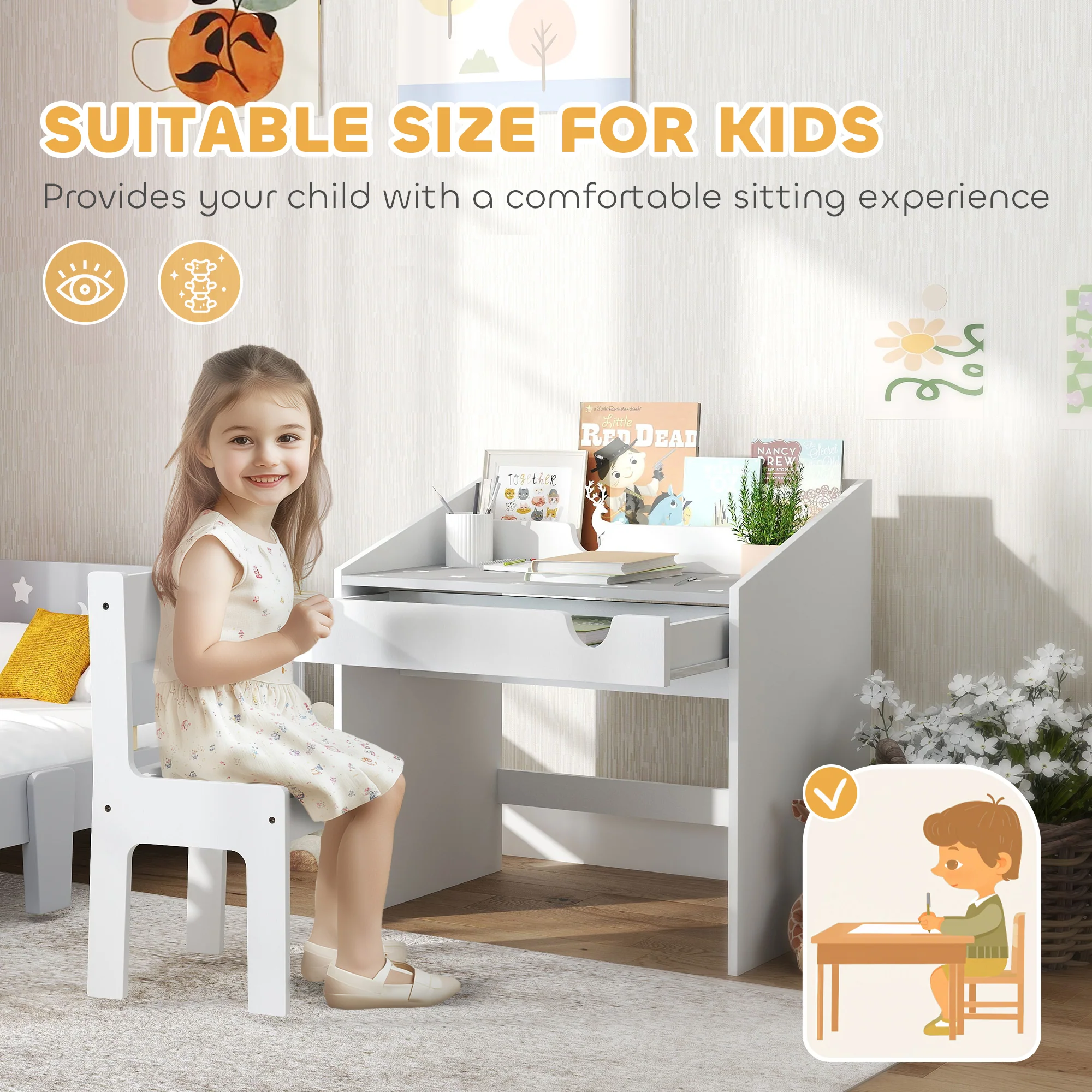 AIYAPLAY Children Study Table and Chair w/ Storage, Pull-out Drawer - Image 15