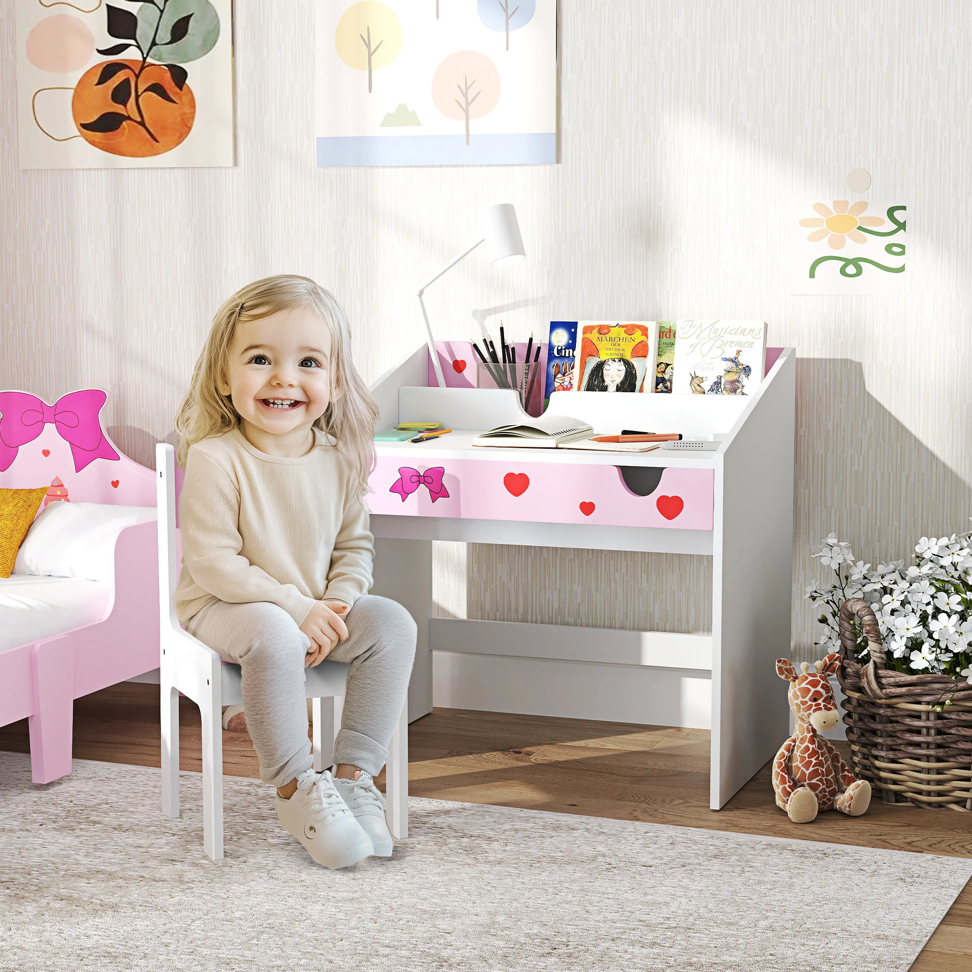 AIYAPLAY Children Study Table and Chair w/ Storage, Pull-out Drawer - Image 2