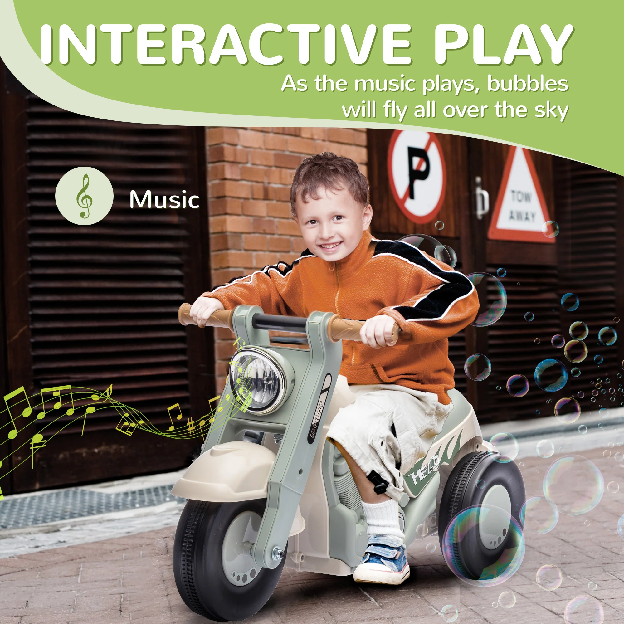 AIYAPLAY Cream White Ride On Car Foot To Floor Kids Car W/ Music, Bubble - Image 3