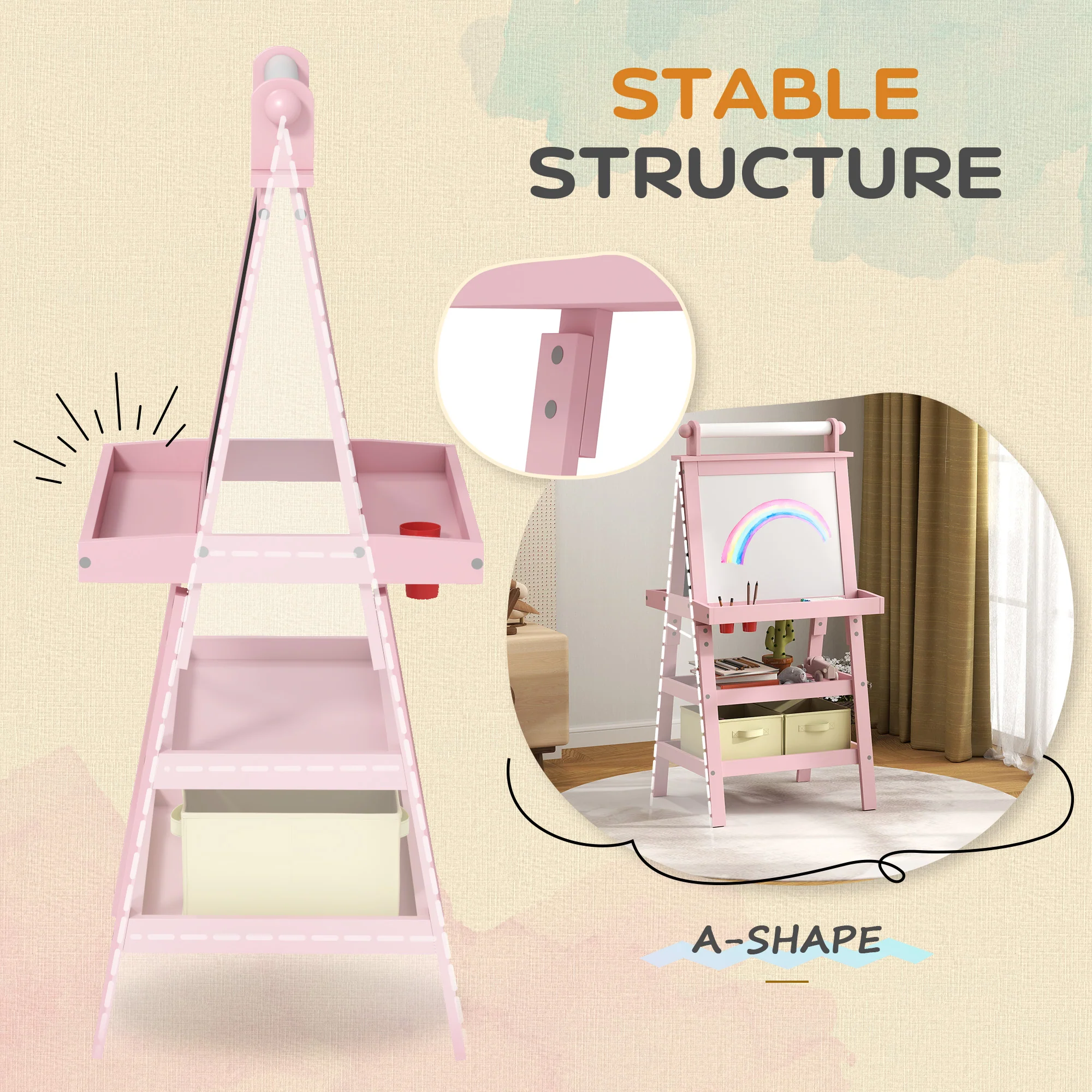 AIYAPLAY Double-Sided Art Easel For Kids W/ Paper Roll, Storage Baskets Pink - Image 7