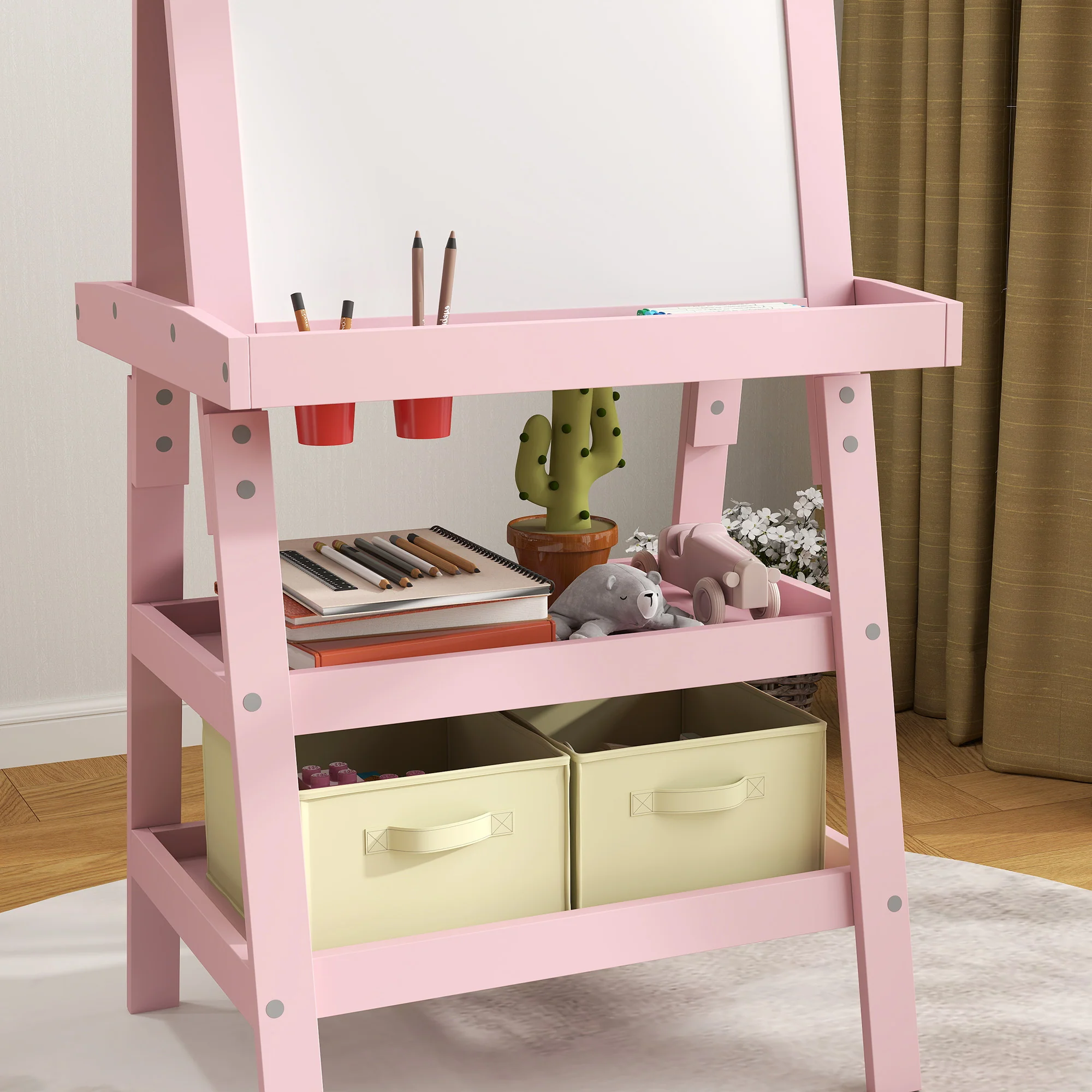 AIYAPLAY Double-Sided Art Easel For Kids W/ Paper Roll, Storage Baskets Pink - Image 8