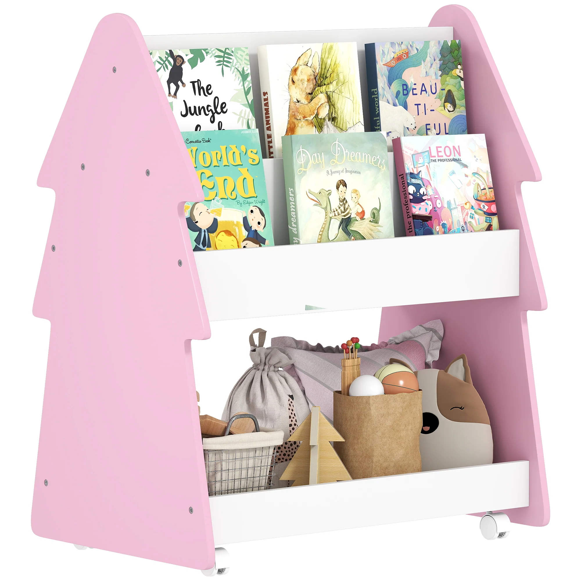 AIYAPLAY Double-Sided Children's Bookcase With Wheels For Playroom, Pink
