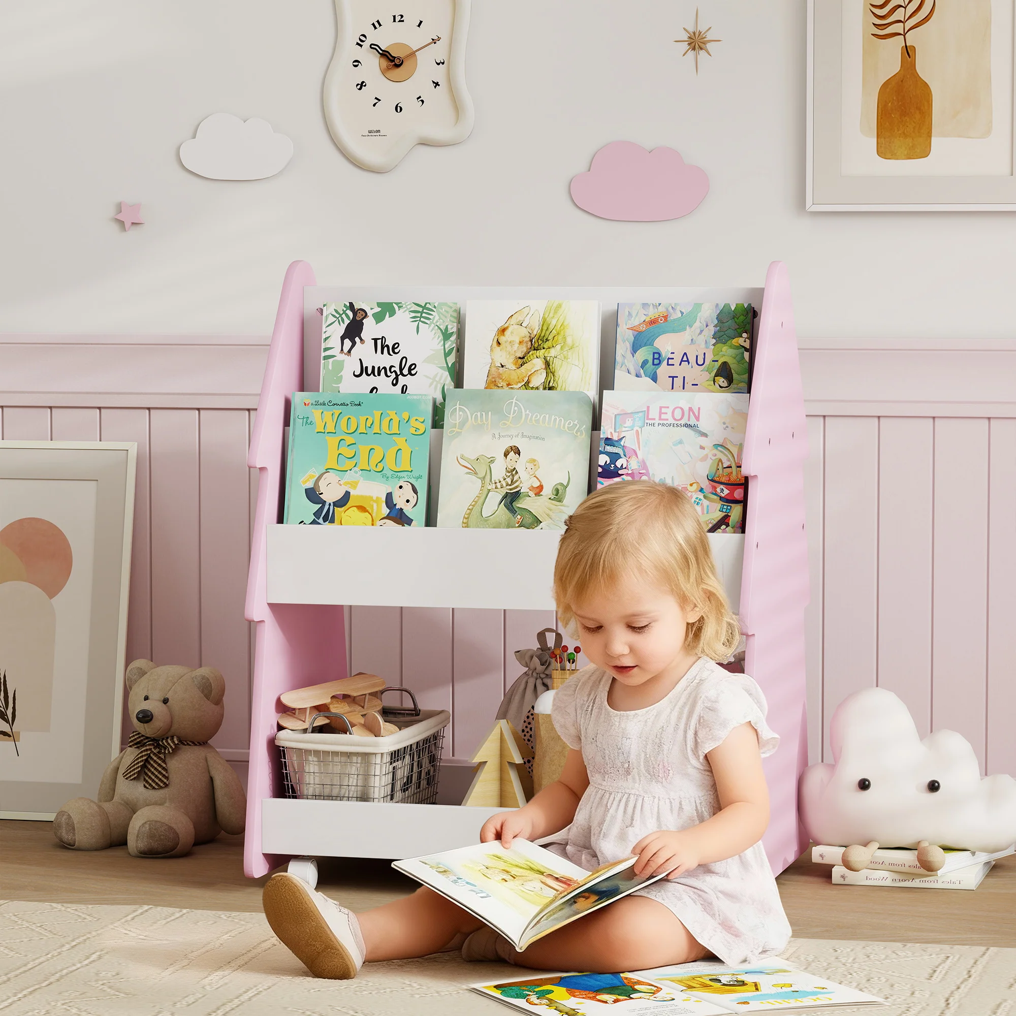AIYAPLAY Double-Sided Children's Bookcase With Wheels For Playroom, Pink - Image 2