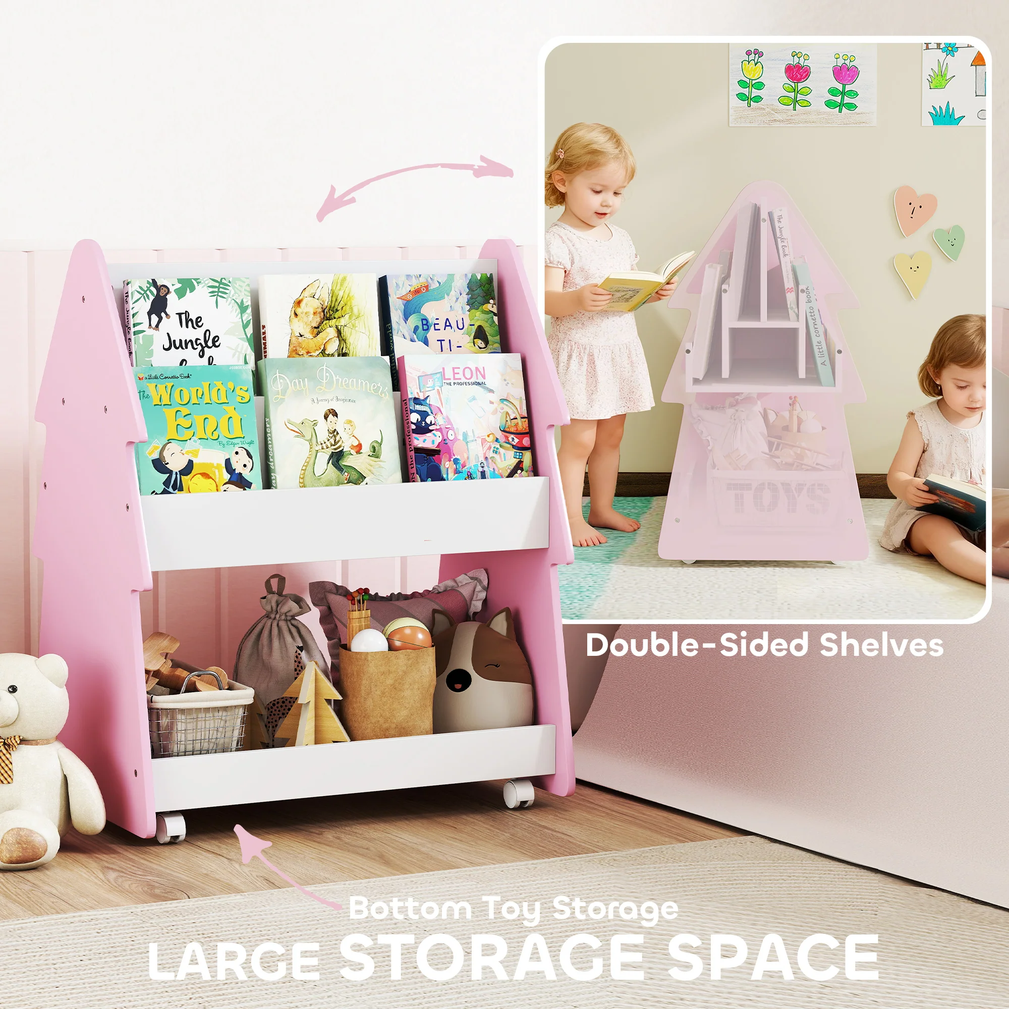 AIYAPLAY Double-Sided Children's Bookcase With Wheels For Playroom, Pink - Image 3
