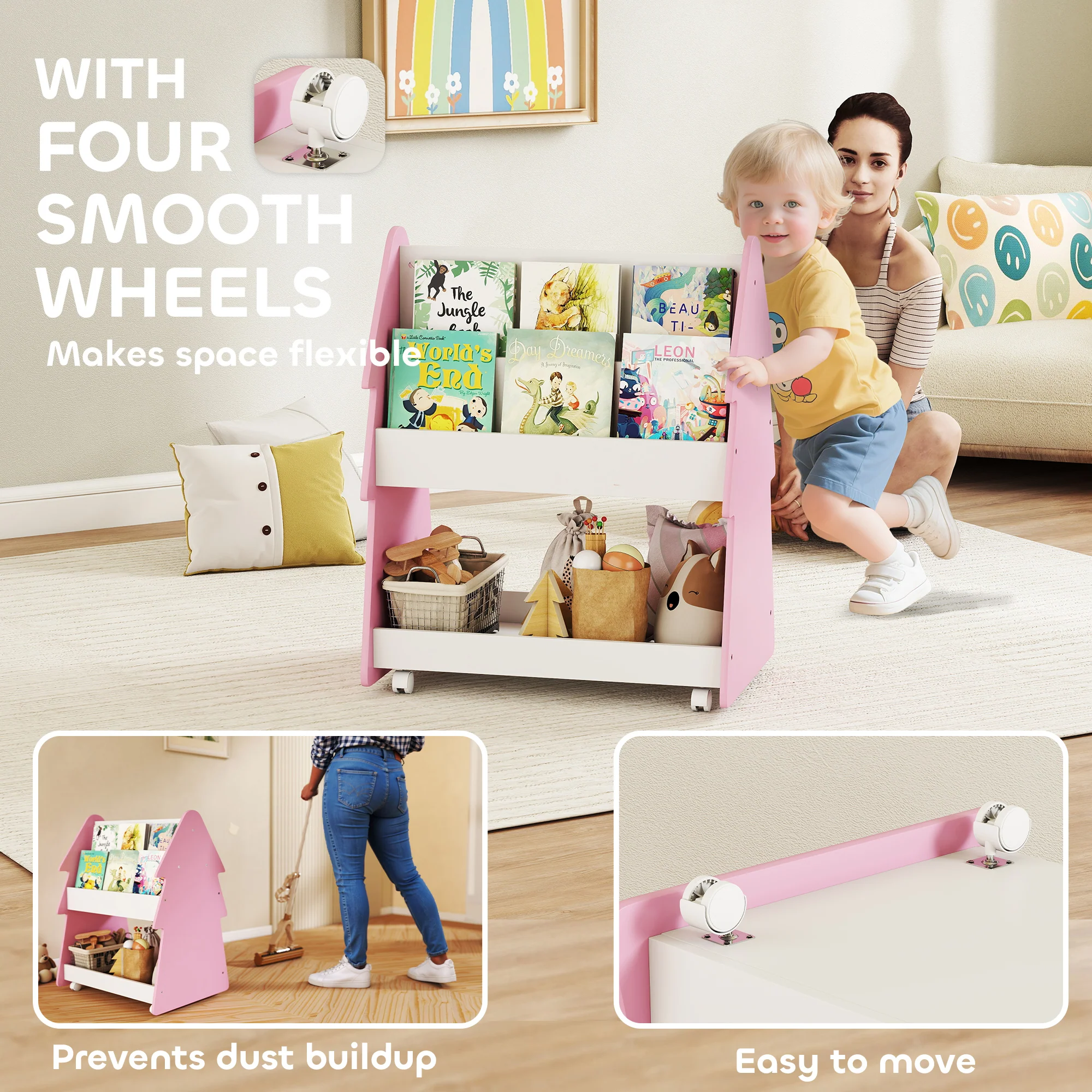 AIYAPLAY Double-Sided Children's Bookcase With Wheels For Playroom, Pink - Image 6