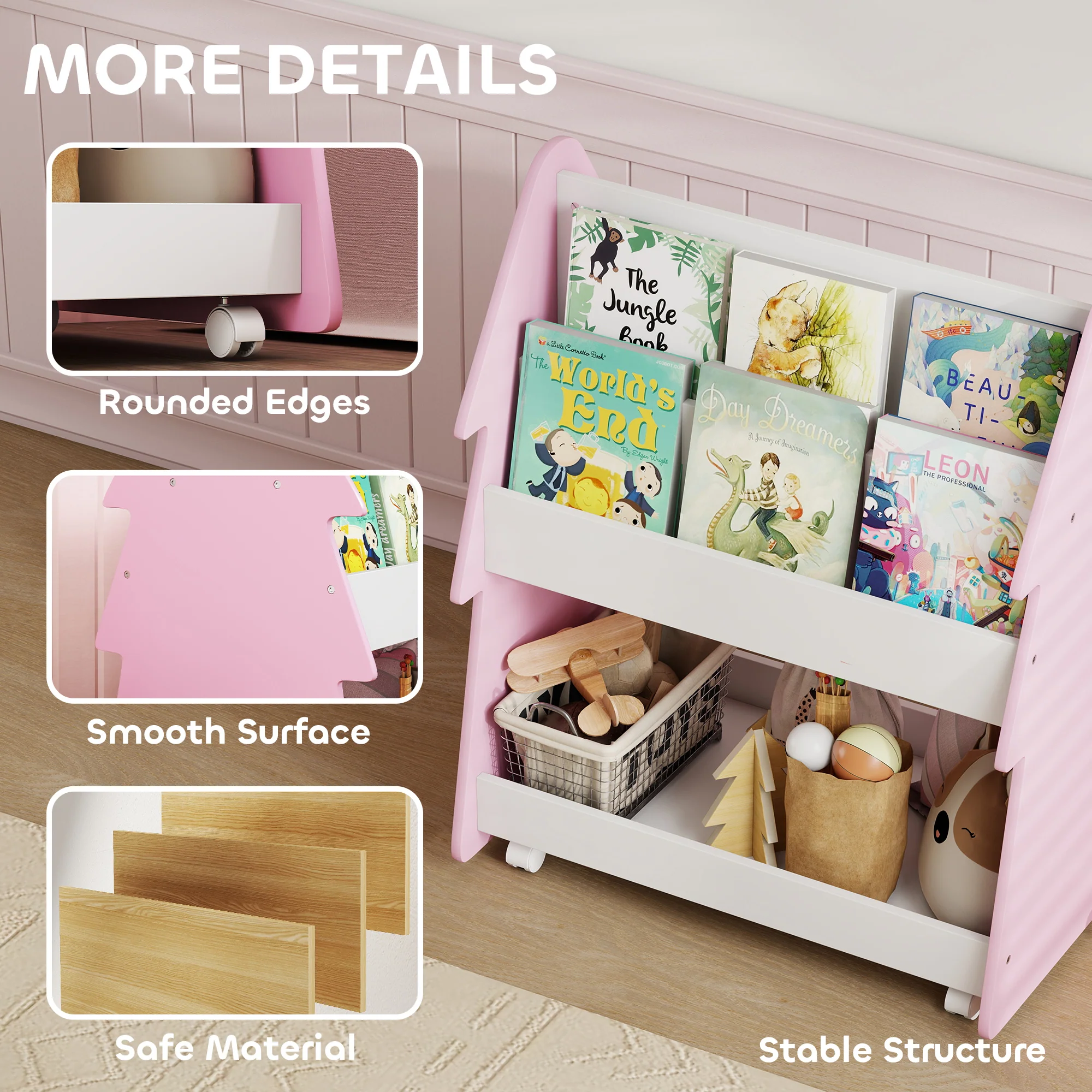 AIYAPLAY Double-Sided Children's Bookcase With Wheels For Playroom, Pink - Image 7