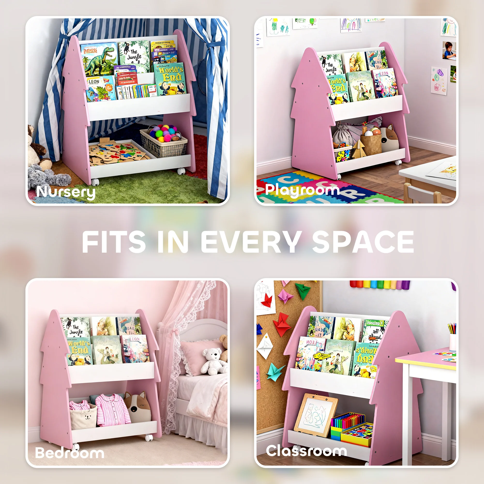AIYAPLAY Double-Sided Children's Bookcase With Wheels For Playroom, Pink - Image 8