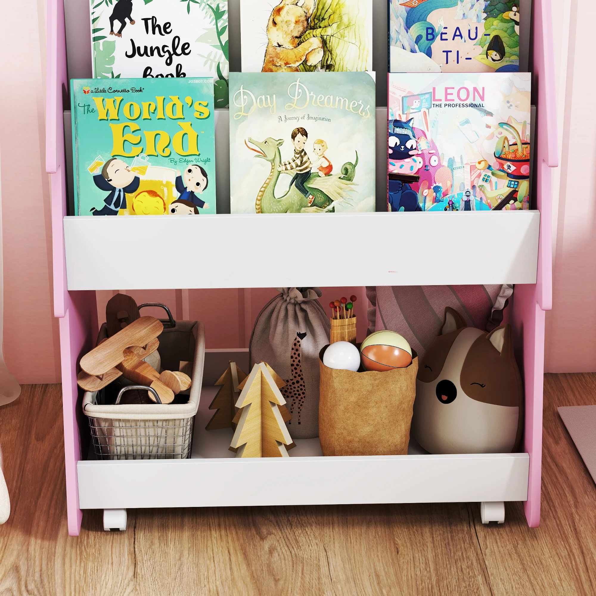 AIYAPLAY Double-Sided Children's Bookcase With Wheels For Playroom, Pink - Image 9